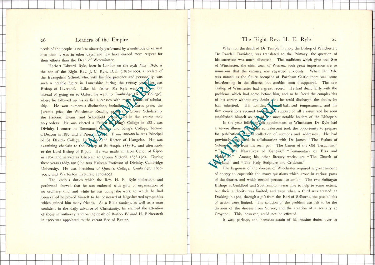 The Right Rev Herbert Edward Ryle - 1920's Article / Print