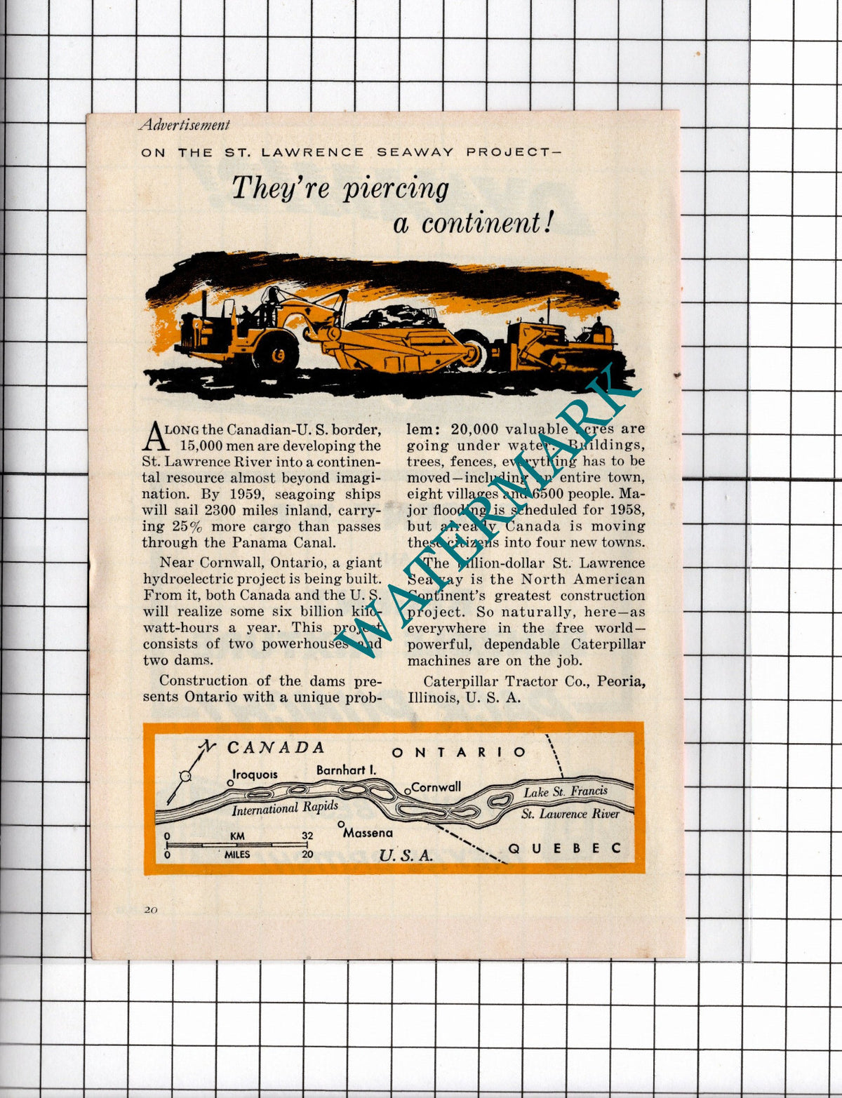 St Lawrence Seaway Caterpillar Tractor Co Peoria Illinois USA - 1956 Advert
