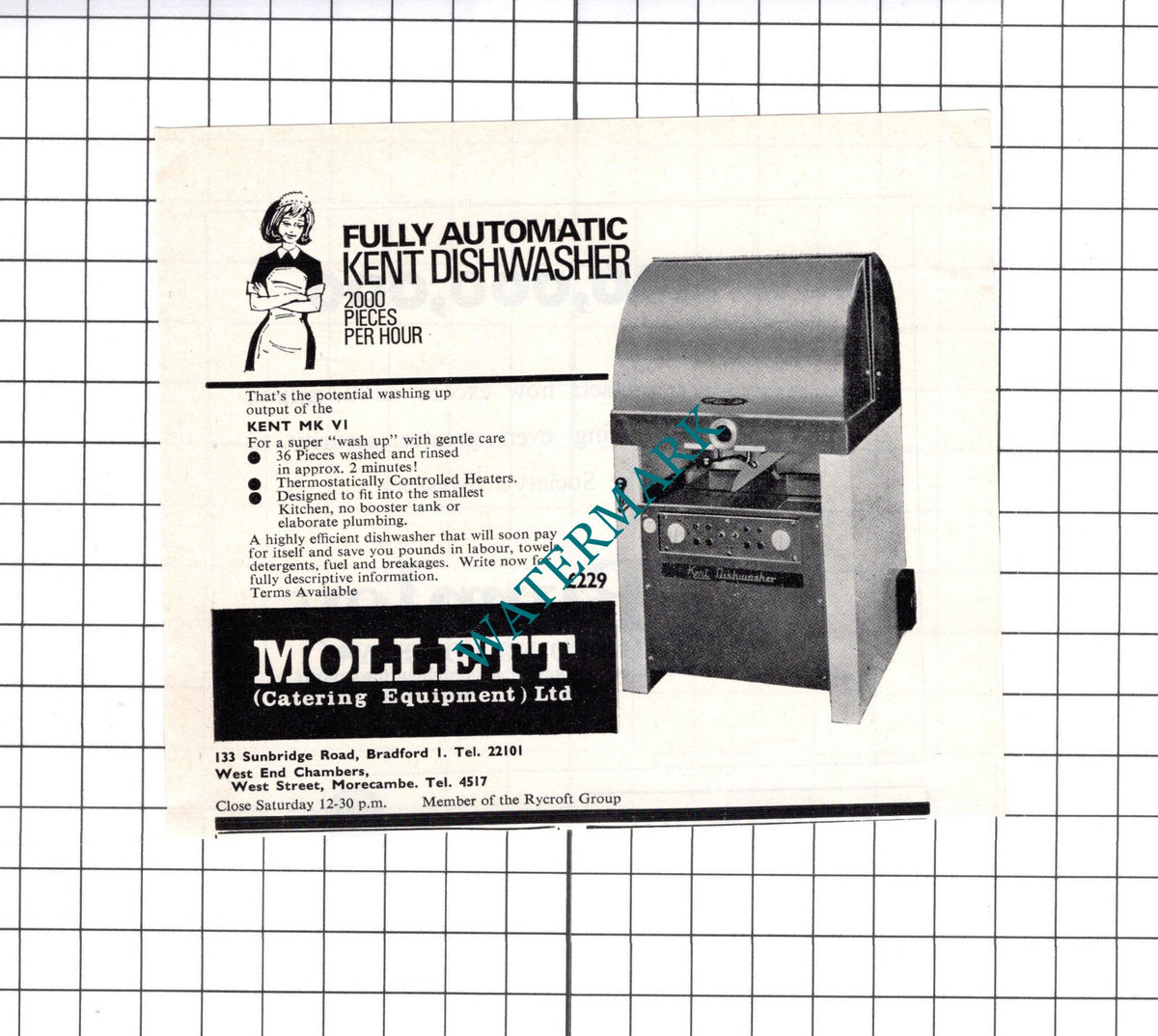 Mollett Catering Equipment Bradford Kent Dishwasher Advert - 1966 Clipping