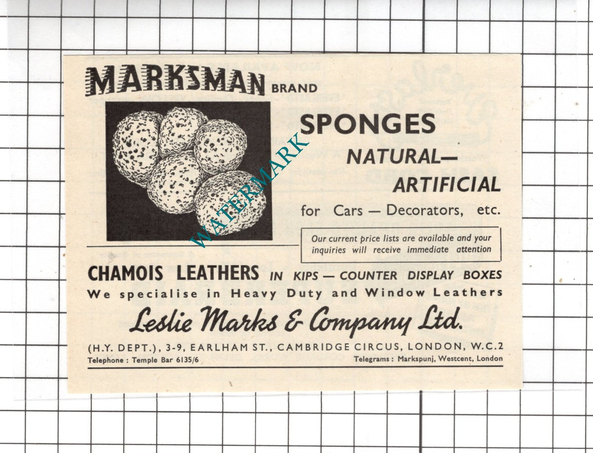 Leslie Marks & Company Ltd London Marksman Sponges - 1954 Small ADVERT