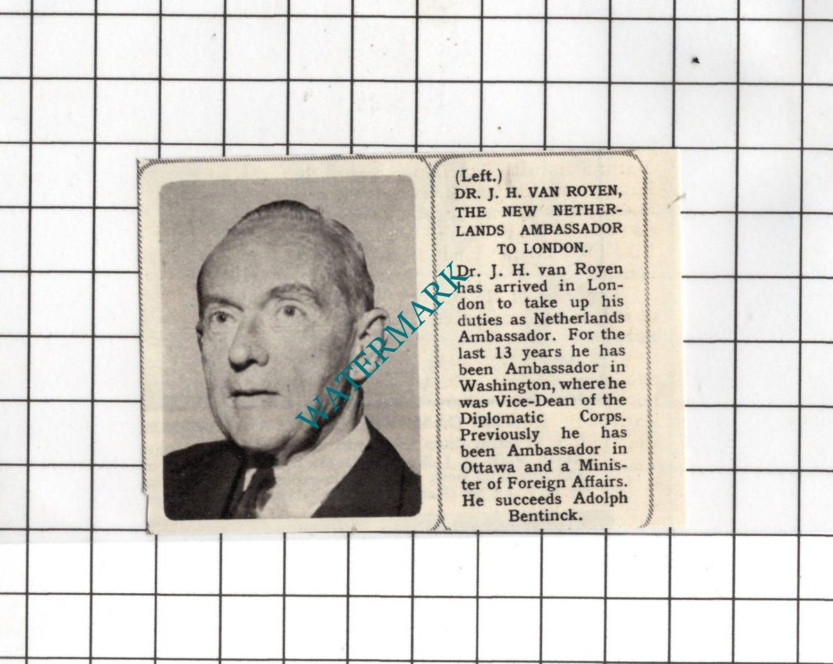 Dr J H Van Royen Netherlands Ambassador - 1964 Small Clipping