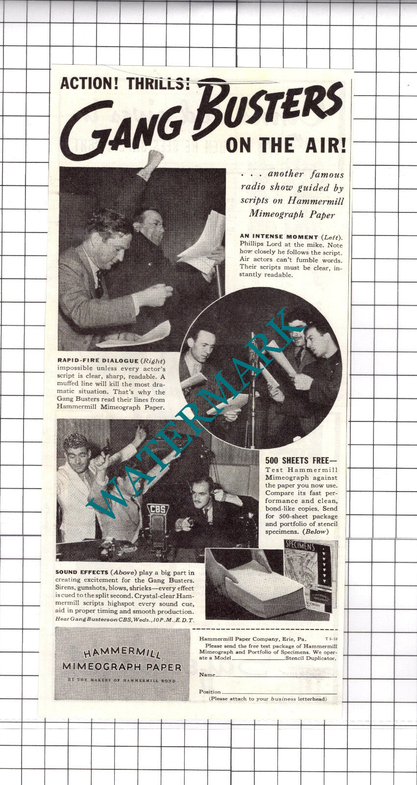 Gang Busters Phillips Lord Hammermill Paper Erie Advert - 1937 Clipping / Print