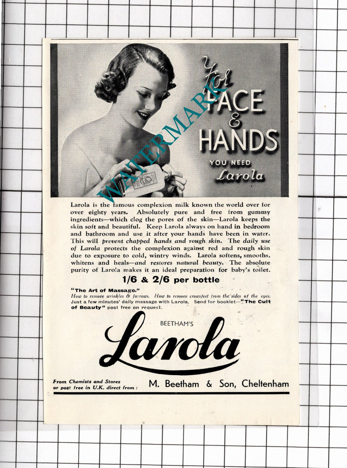 Larola ADVERT M Beetham & Son Cheltenham - c.1936 Clipping
