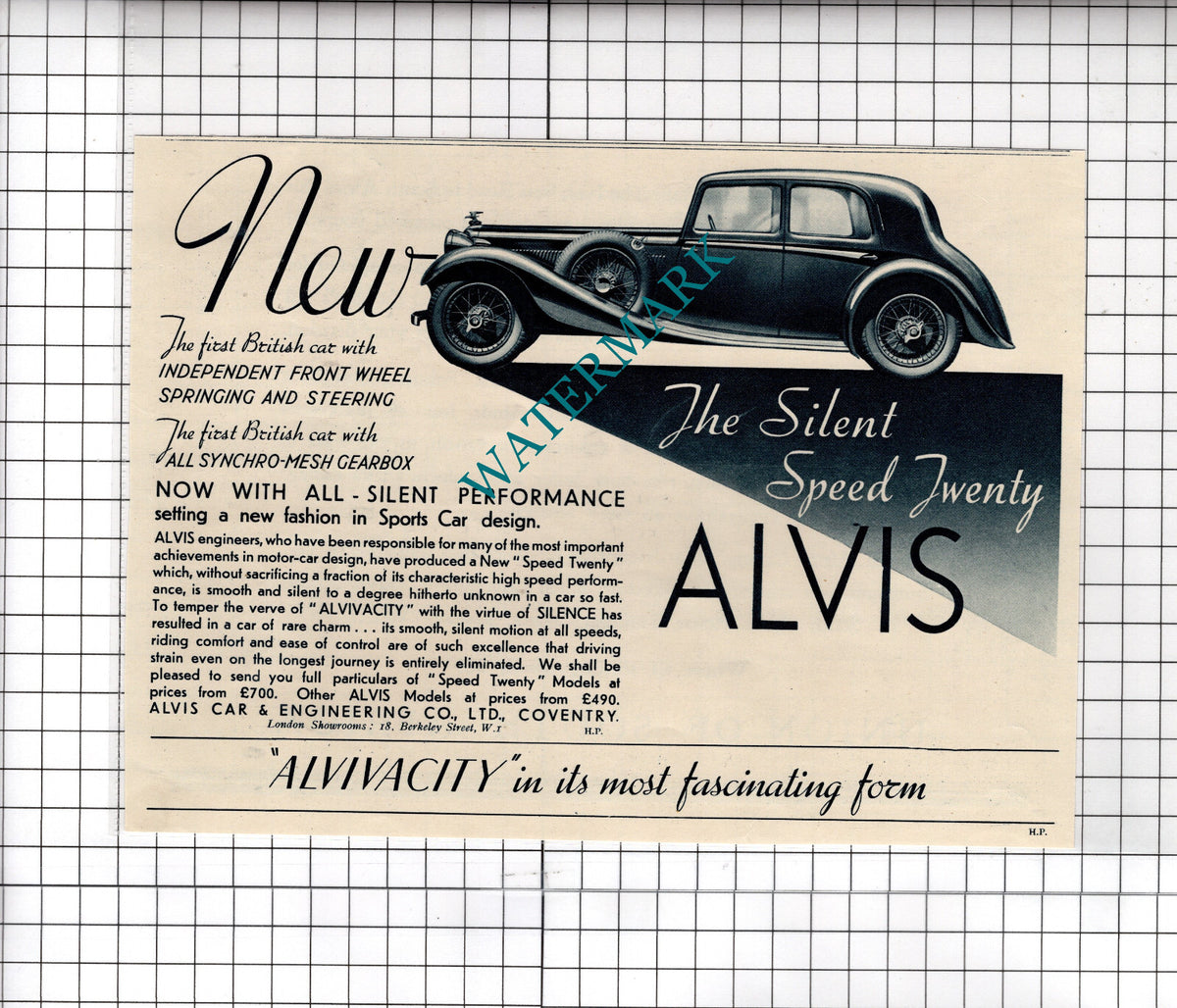 Alvis Car ADVERT - 1934 Cutting / Print