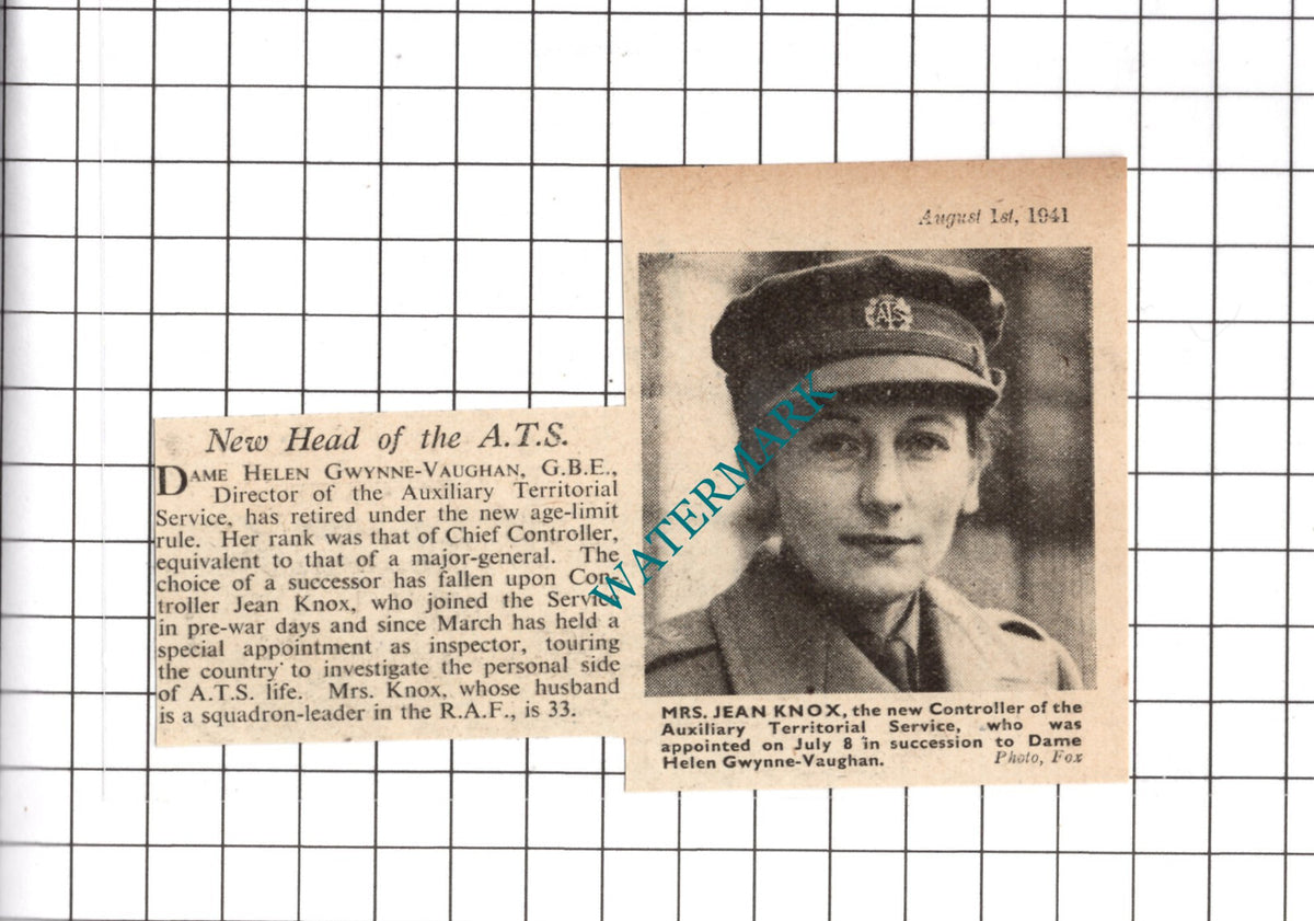 Mrs Jean Knox Head Of The ATS WW2 - 1941 Small News Clipping