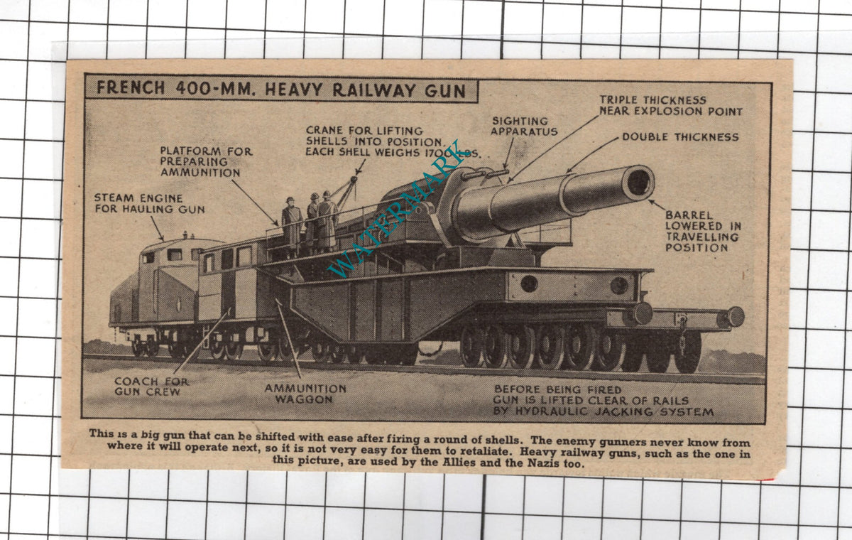 French 400-MM Heavy Railway Gun Diagram WW2 - 1940 Small Clipping