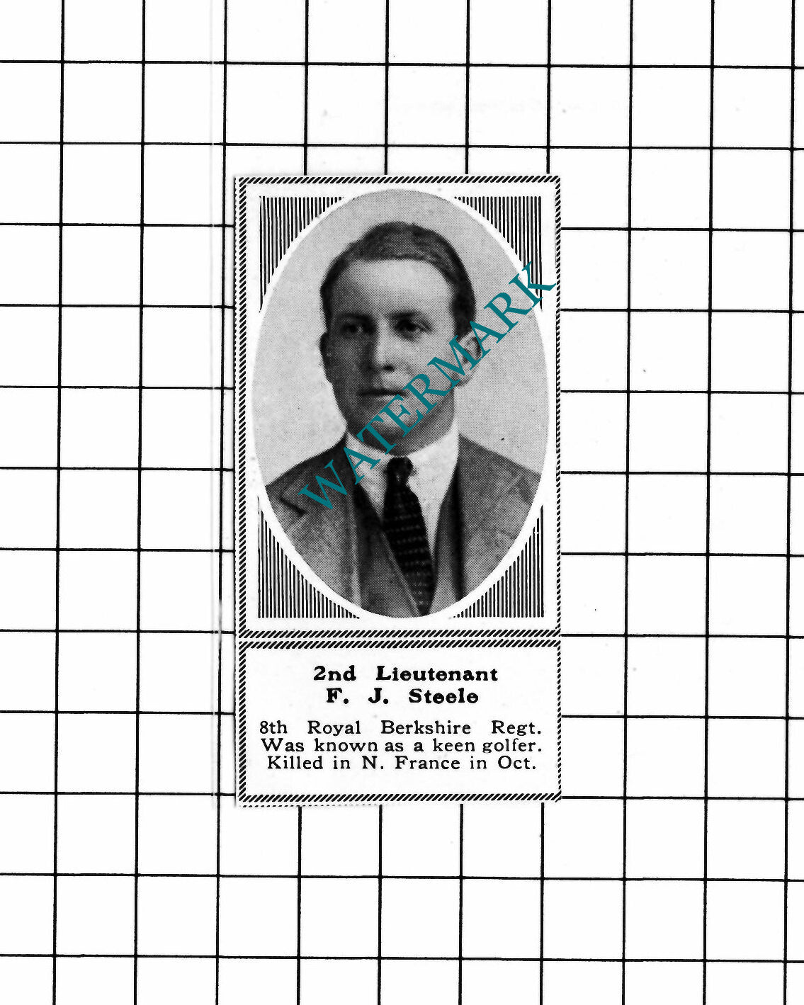 2nd Lt F J Steele 8th Royal Berkshire Regt WW1 - c.1918 SMALL Clipping/ Print
