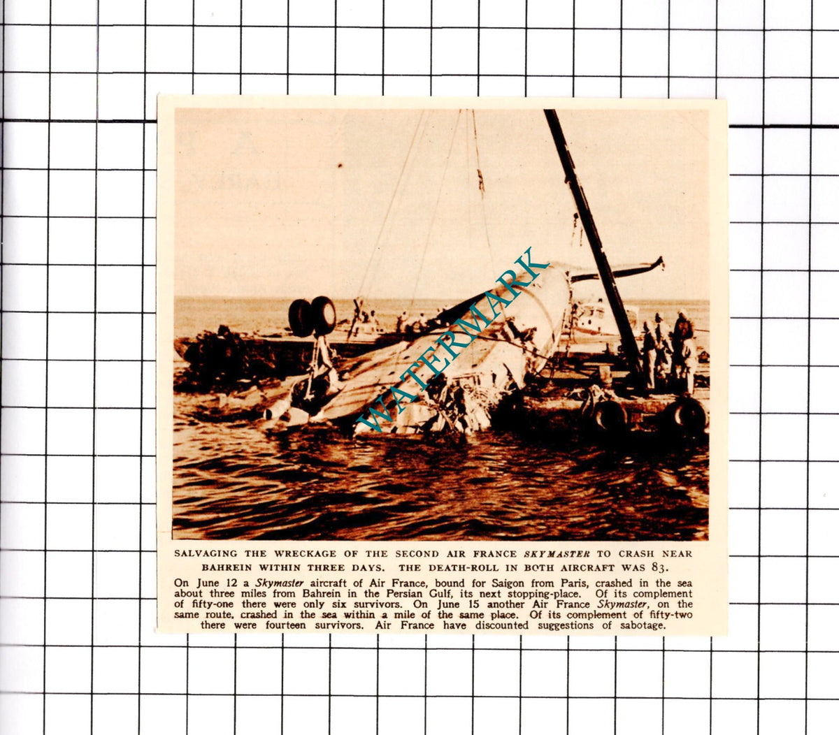 Skymaster Air France Bahrein Plane Crash - 1950 SMALL Clipping/ Print