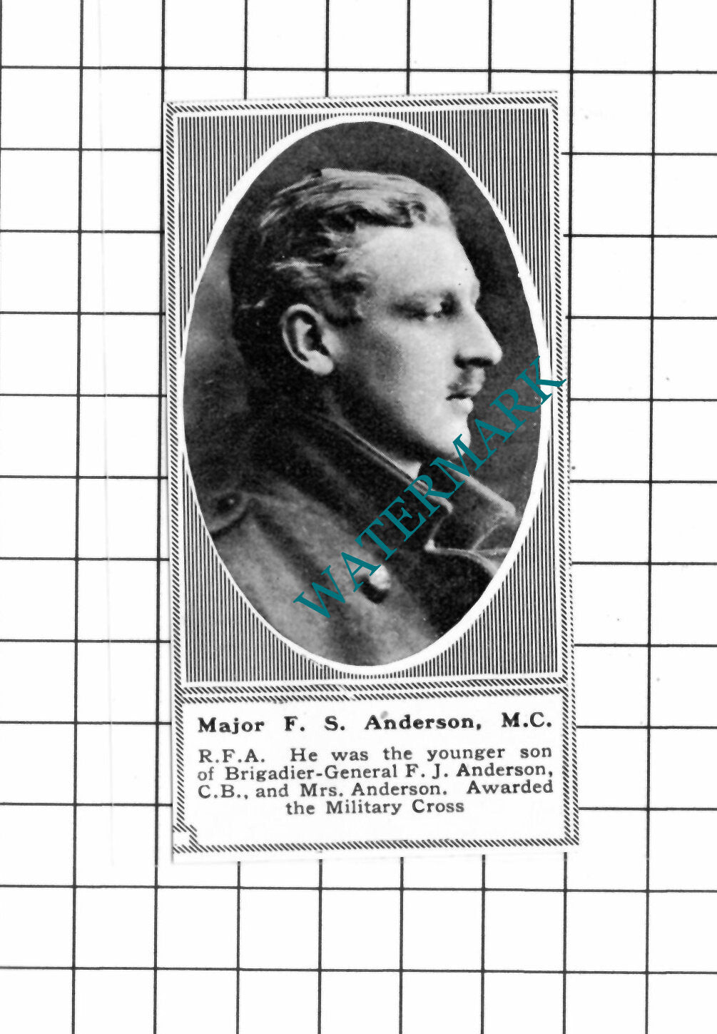 Major F S Anderson RFA Royal Field Artillery WW1 - c.1918 SMALL Clipping / Print