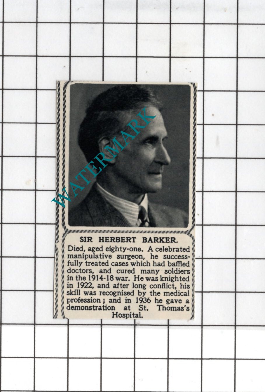 Sir Herbert Barker Surgeon Obituary - 1950 SMALL Cutting