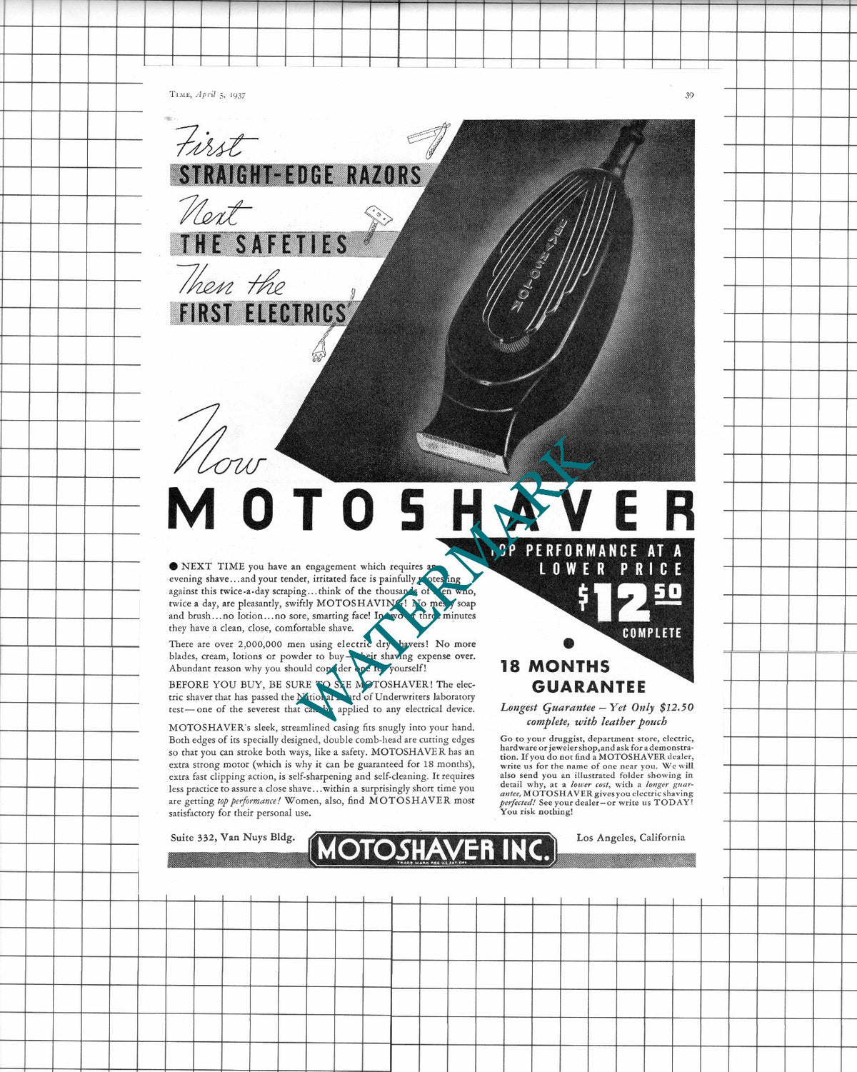 Motoshaver Inc Los Angeles USA ADVERT - 1937 Clipping / Print