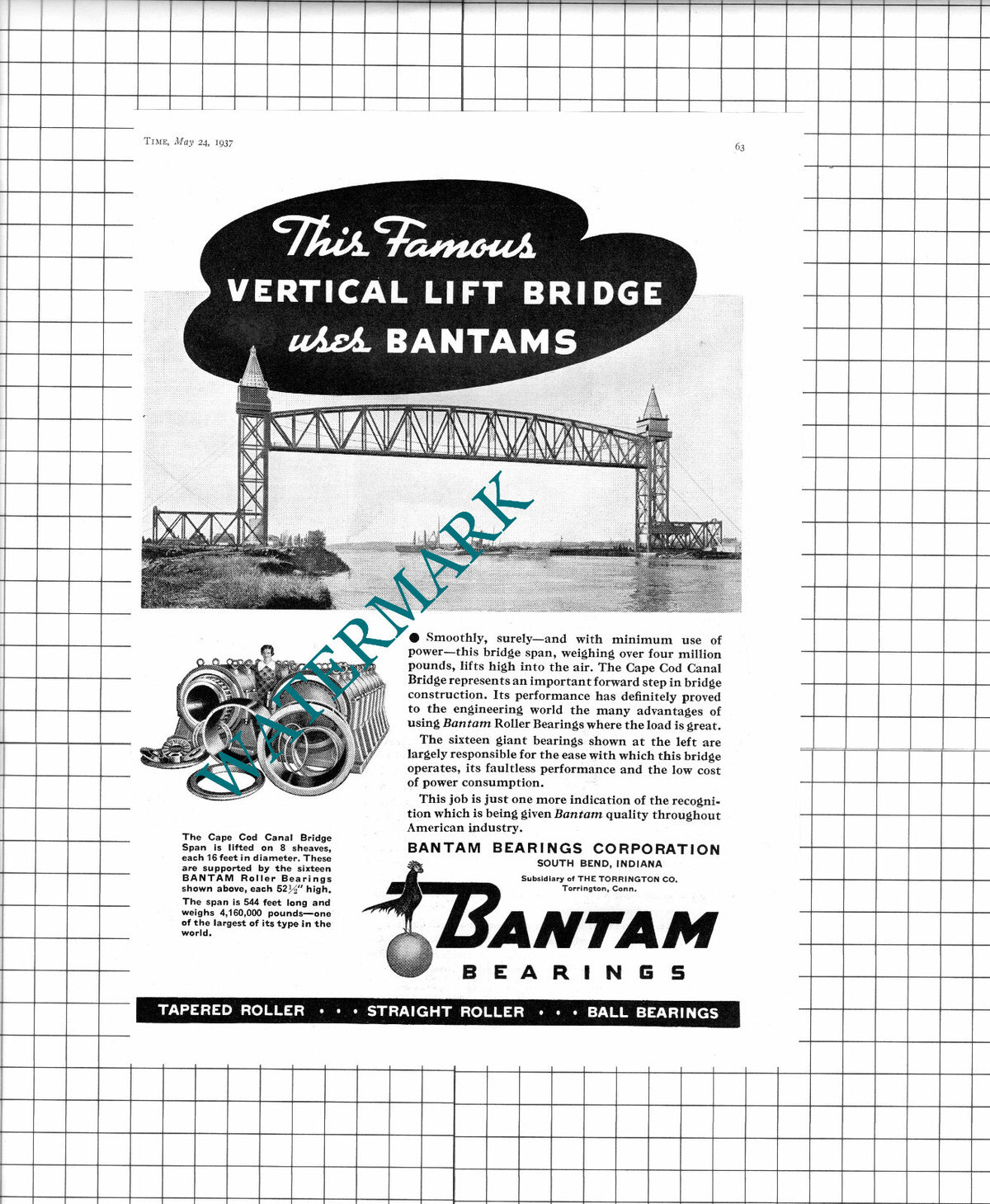 The Cape Cod Canal Bridge Bantam Bearings USA ADVERT - 1937 Print / Clipping