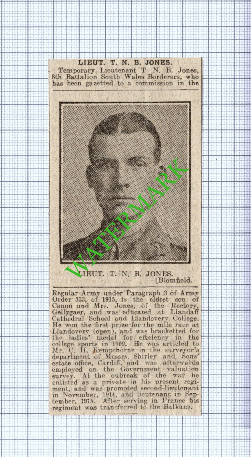 Lt TNB Jones 8th Batt South Wales Borderers - 1916 News Cutting