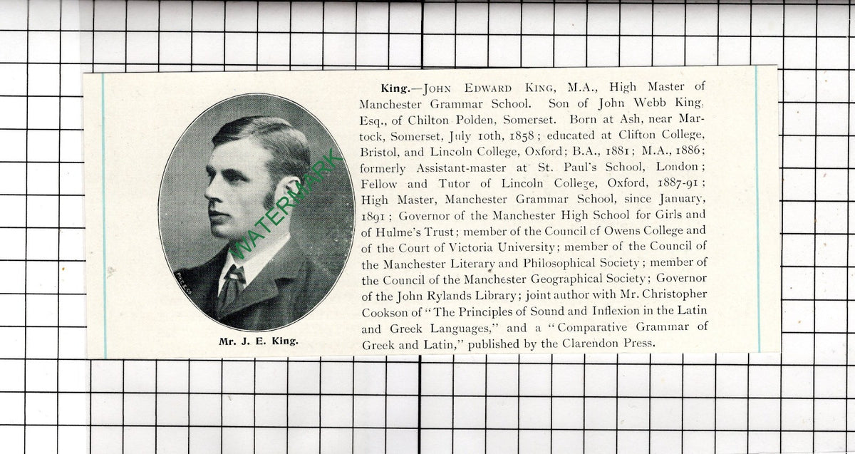 Mr John Edward King Ash Somerset Manchester Grammar School - c.1905 Clipping