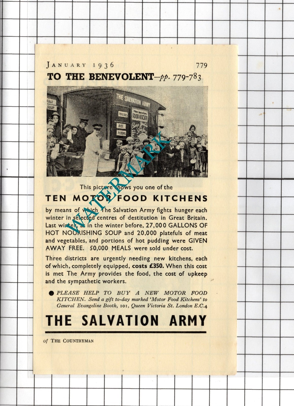 The Salvation Army Motor Food Kitchens Appeal - 1936 Small Advert