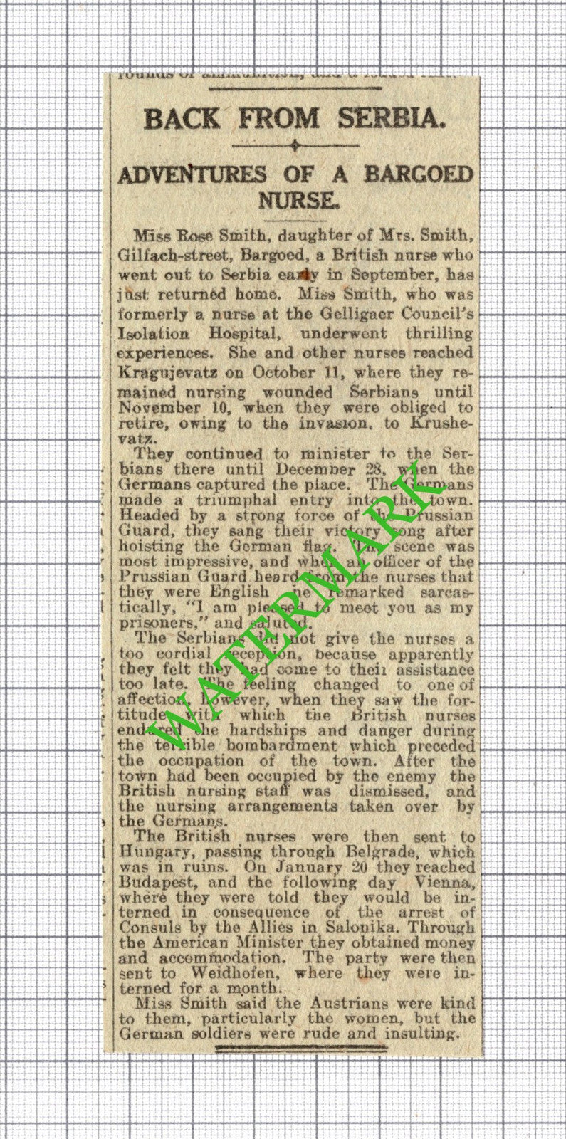 Miss Rose Smith Bargoed Wales Great War Nurse - 1916 News Cutting