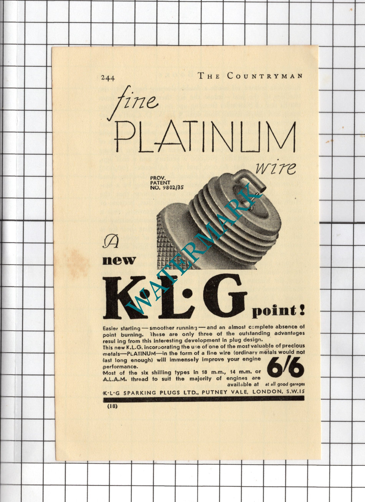 KLG Sparking Plugs Ltd Putney Vale London - 1938 Small Advert