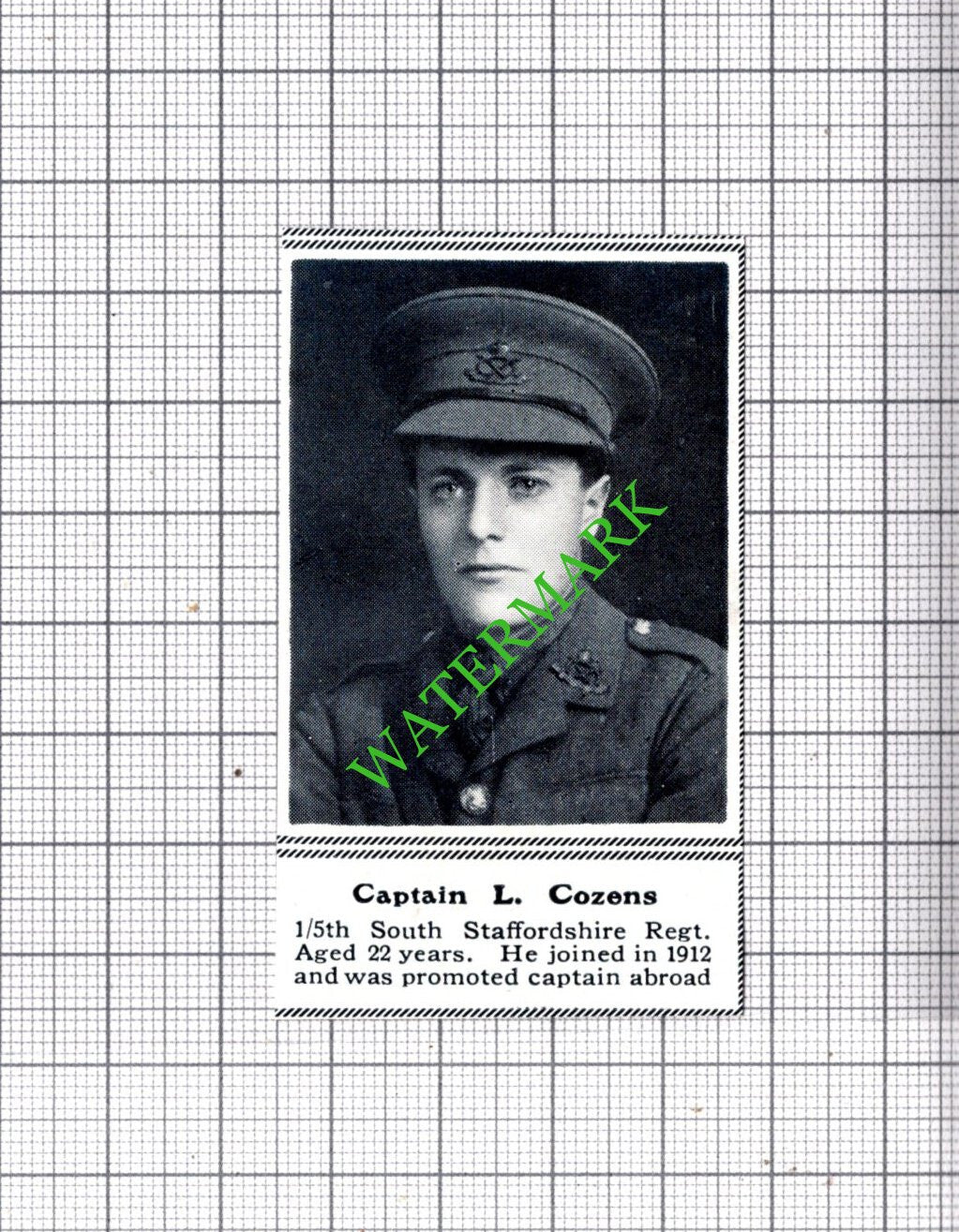 Captain L Cozens 1/5th South Staffordshire Regt - c.1918 SMALL Cutting