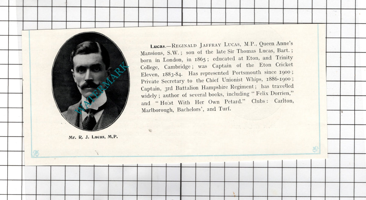 Reginald Jaffray Lucas MP Queen Anne's Mansions London - c.1910 Cutting