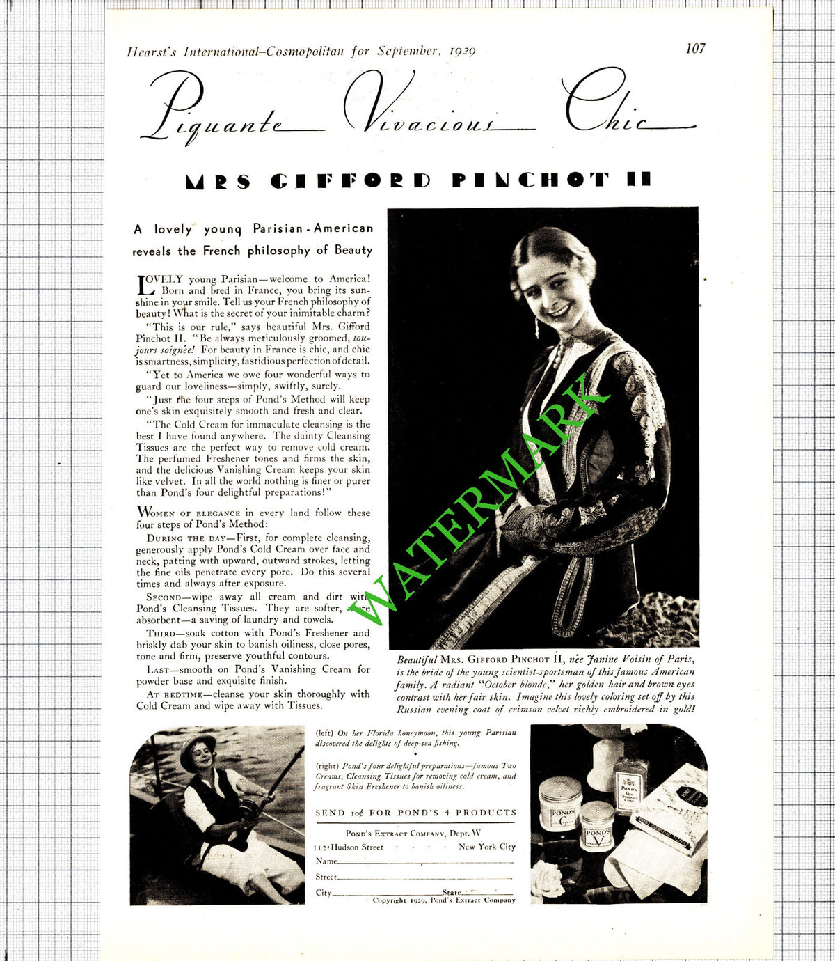 Mrs Gifford Pinchot Janine Voisin Paris Pond's Advert- 1929 Cutting