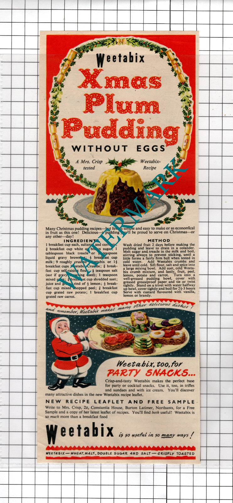 Weetabix Christmas Pudding ADVERT - 1951 Cutting