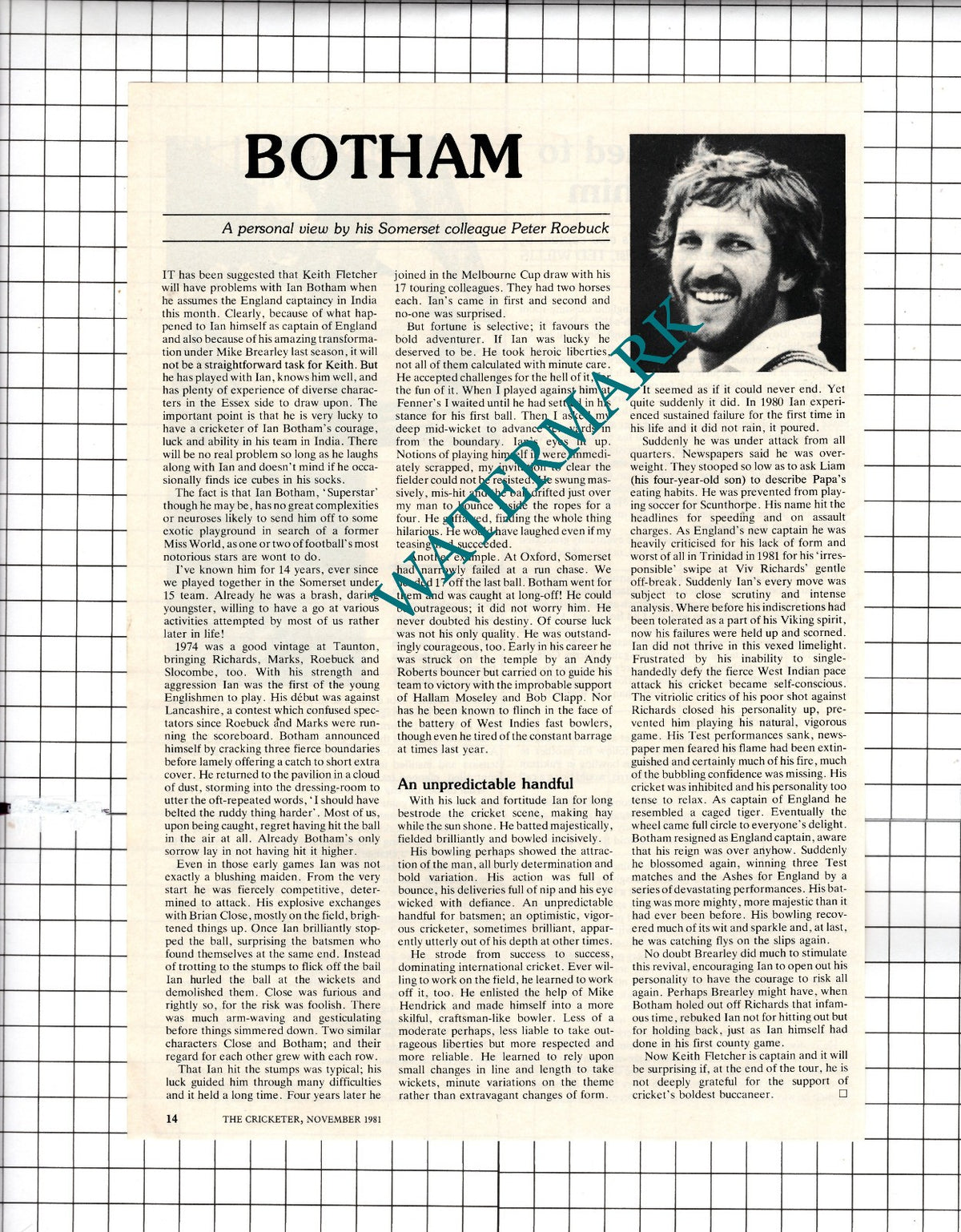 Bob Willis Cricketer Cricket / Ian Botham Cricketer - 1981 Article