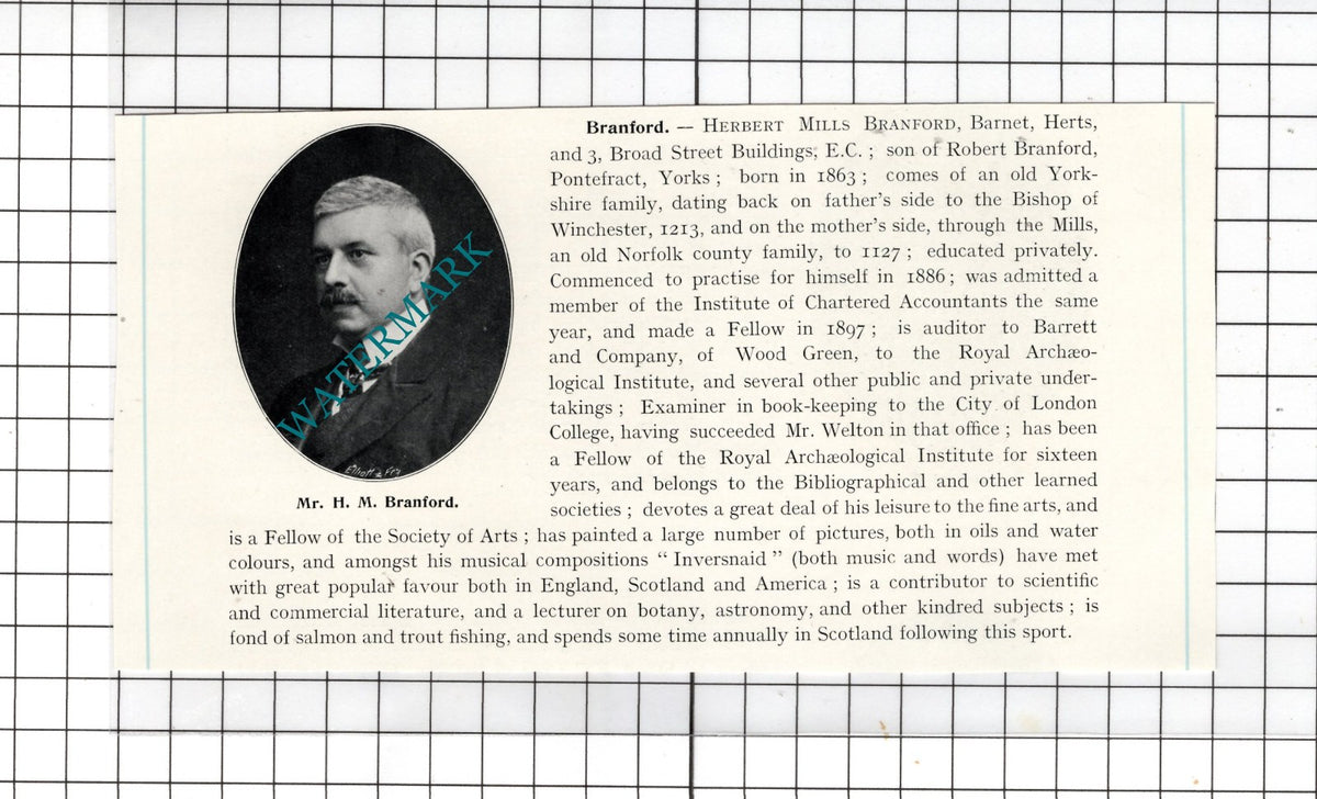 Mr Herbert Mills Branford Barnet Hertfordshire - c.1905 Clipping
