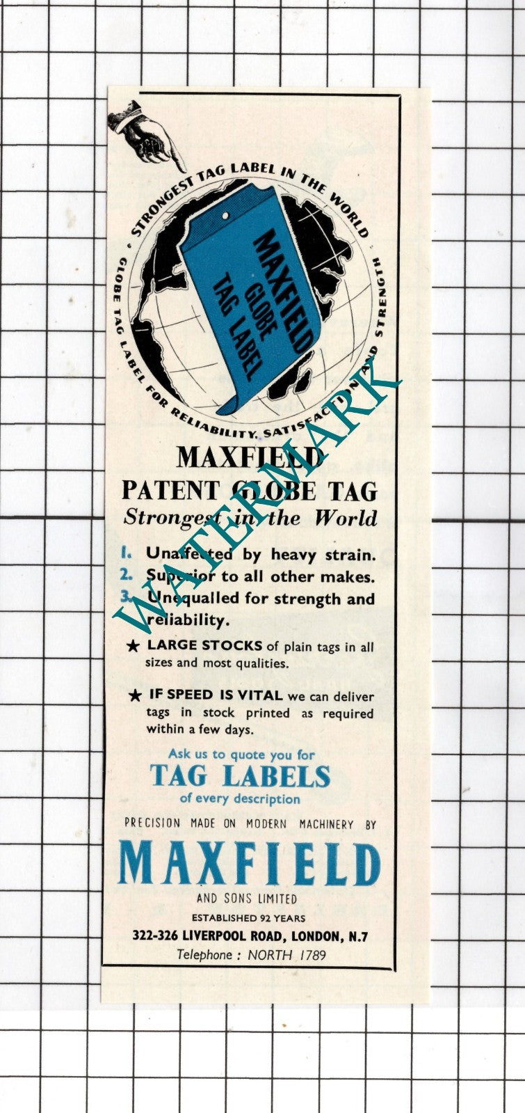 Maxfield and Sons Ltd London Tag Labels - 1954 Small Advert