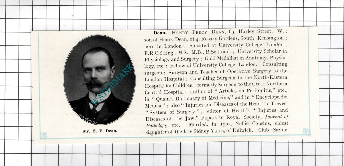 Mr Henry Percy Dean 69 Harley Street London Surgeon - c.1910 Cutting