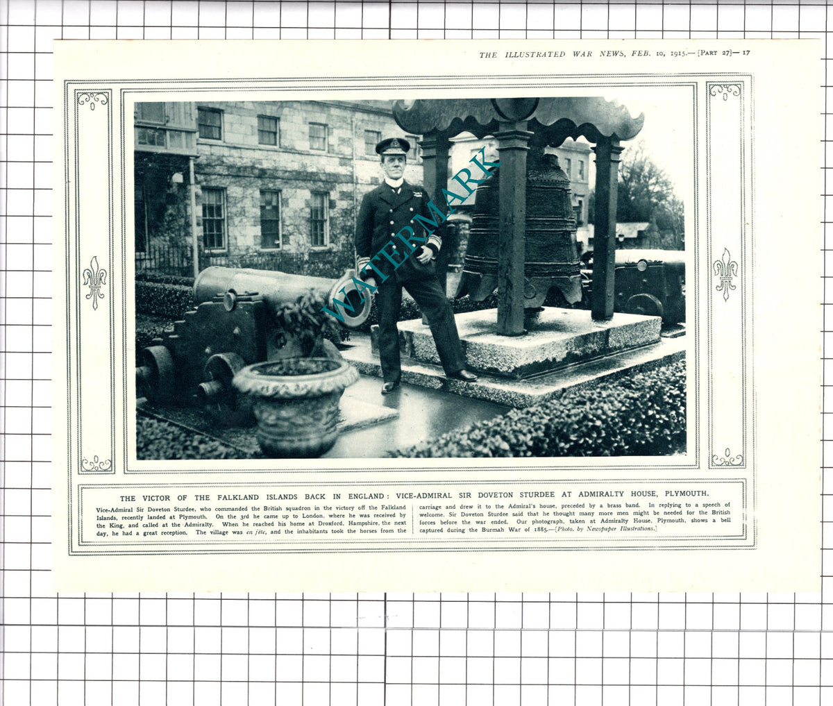 Vice Admiral Sir Doveton Sturdee Admiralty House Plymouth WW1 -1915 Clipping