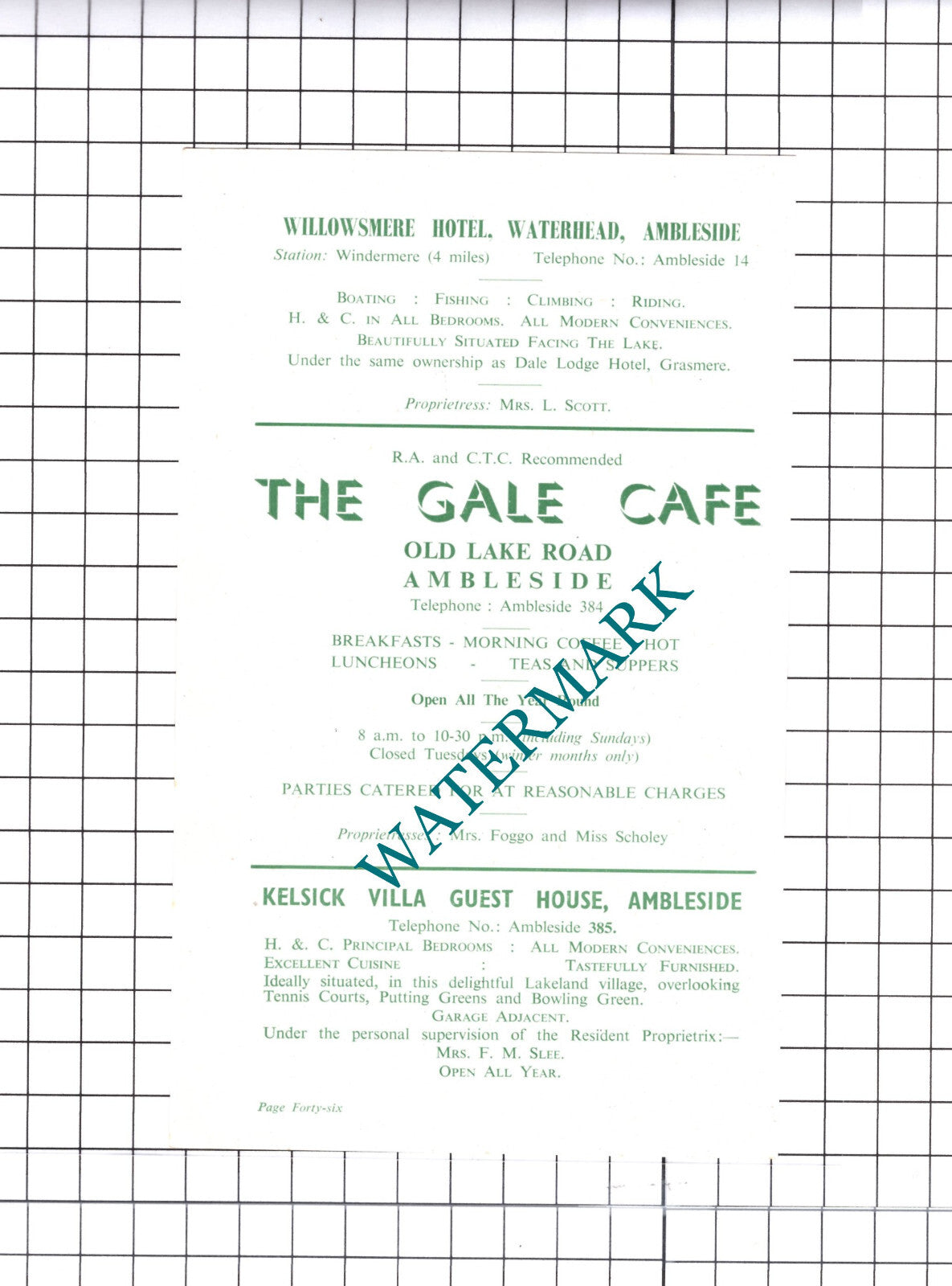 The Gale Cafe Ambleside Cumbria Foggo Scholey Advert - c.1952 Cutting