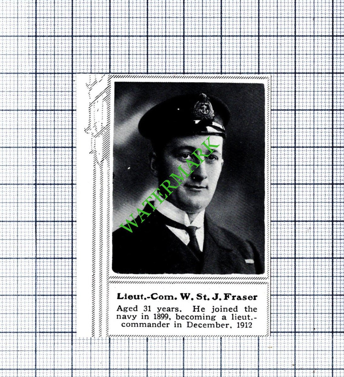 Lt Com W St J Fraser Royal Navy WW1 - 1915 SMALL Cutting