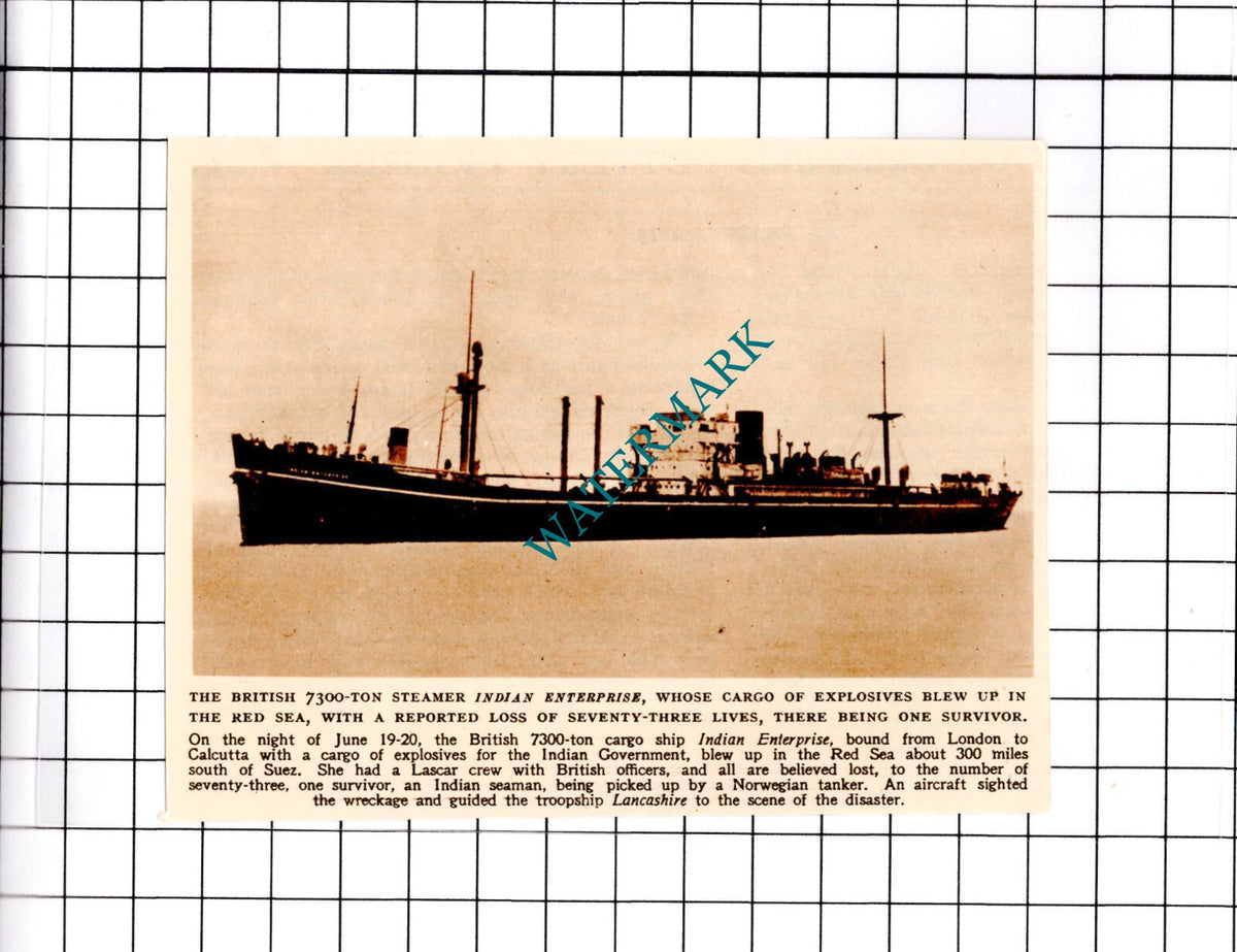 INDIAN ENTERPRISE Cargo Ship Disaster - 1950 SMALL Clipping/ Print