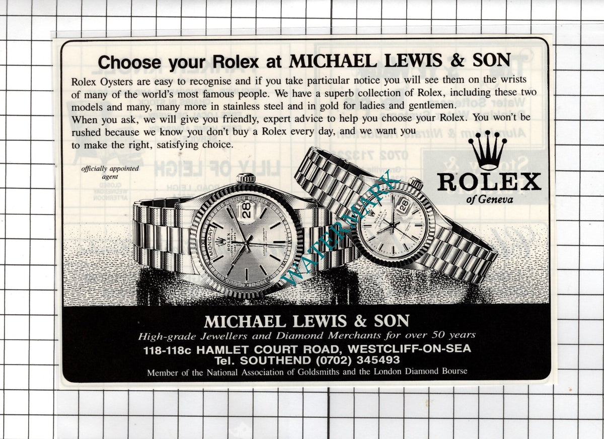 Michael Lewis & Son Westcliff-on-Sea Essex Rolex Oyster ADVERT - 1988