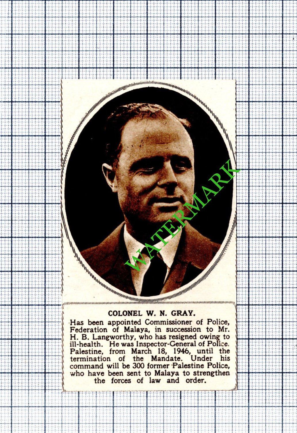 Col W N Gray Police Federation Of Malaya- 1948 SMALL Cutting