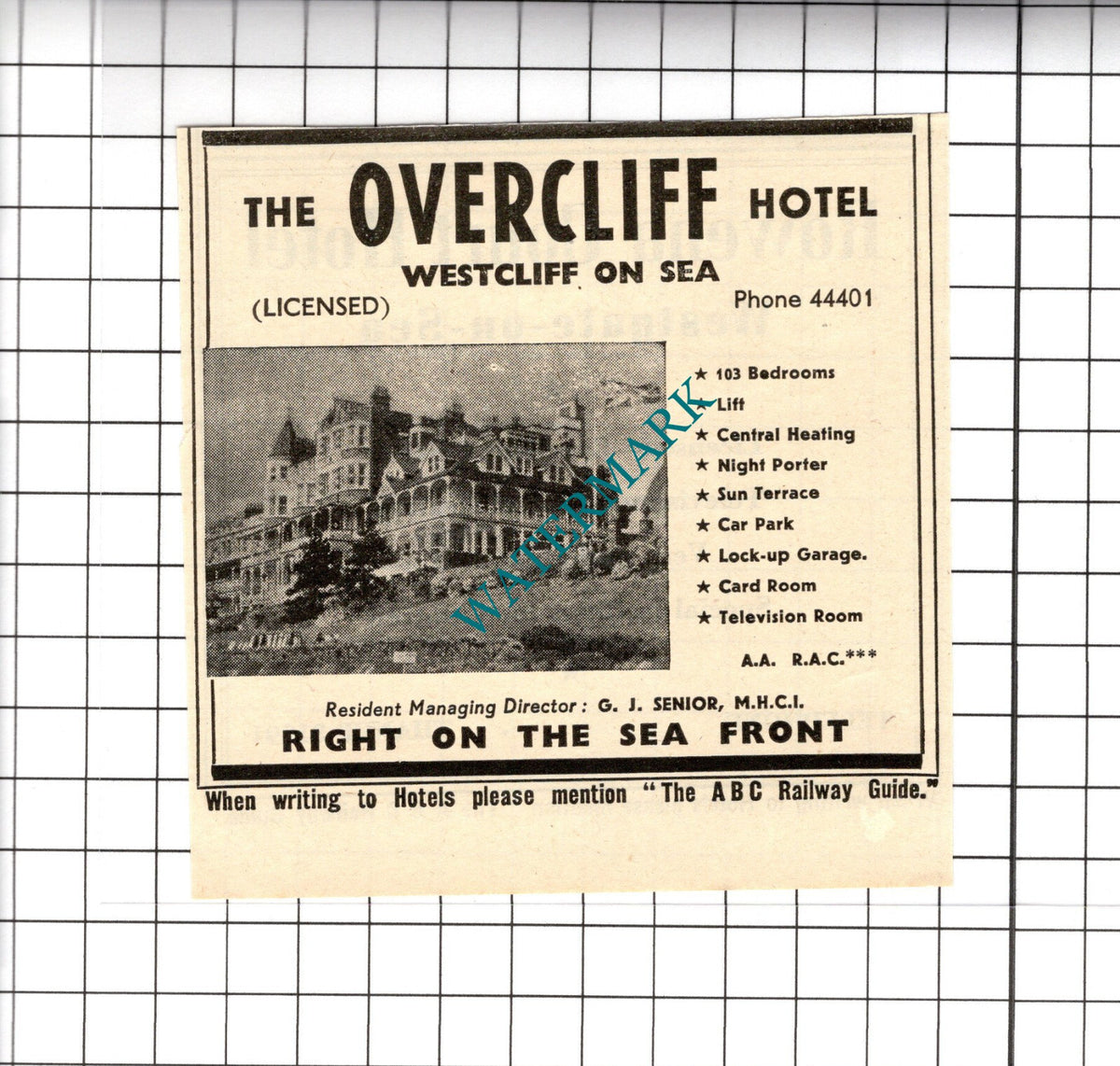 The Overcliff Hotel Westcliff on Sea G J Senior Small Advert - 1958 Cutting