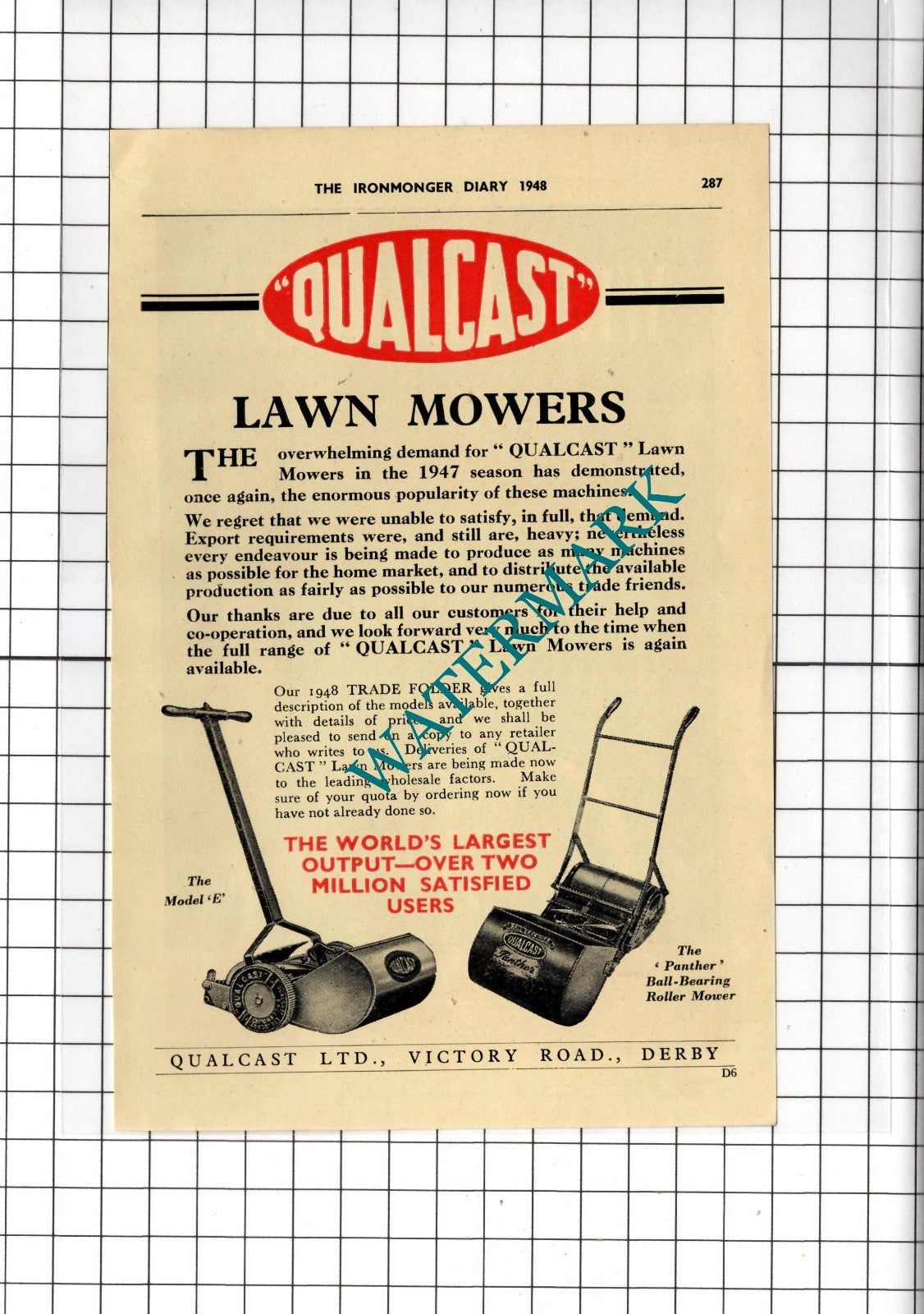 Boulton & Paul Limited / Qualcast Ltd Derby -1948 Small Advert