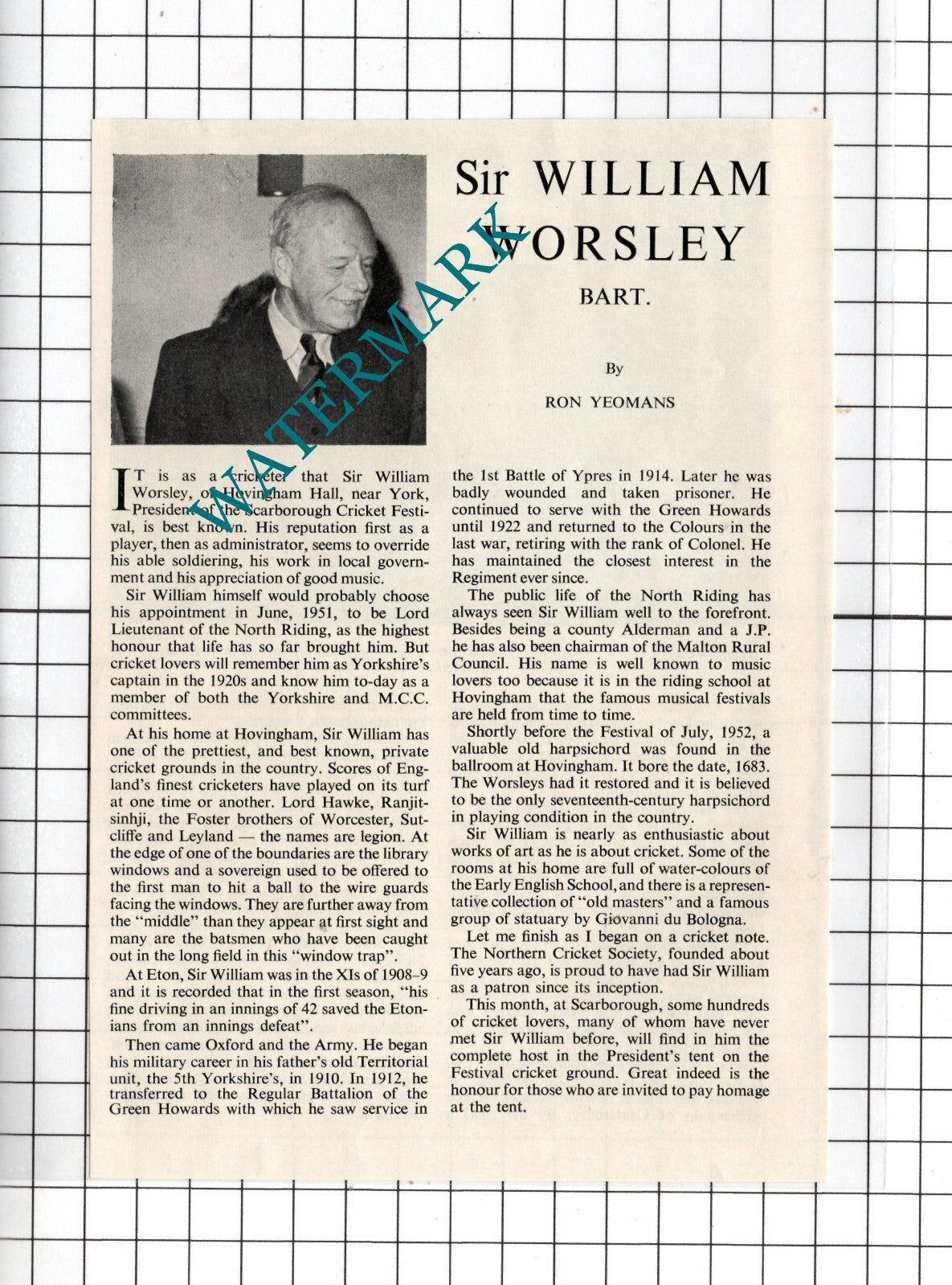 Sir William Worsley Hovingham Hall Yorkshire - 1953 Clipping