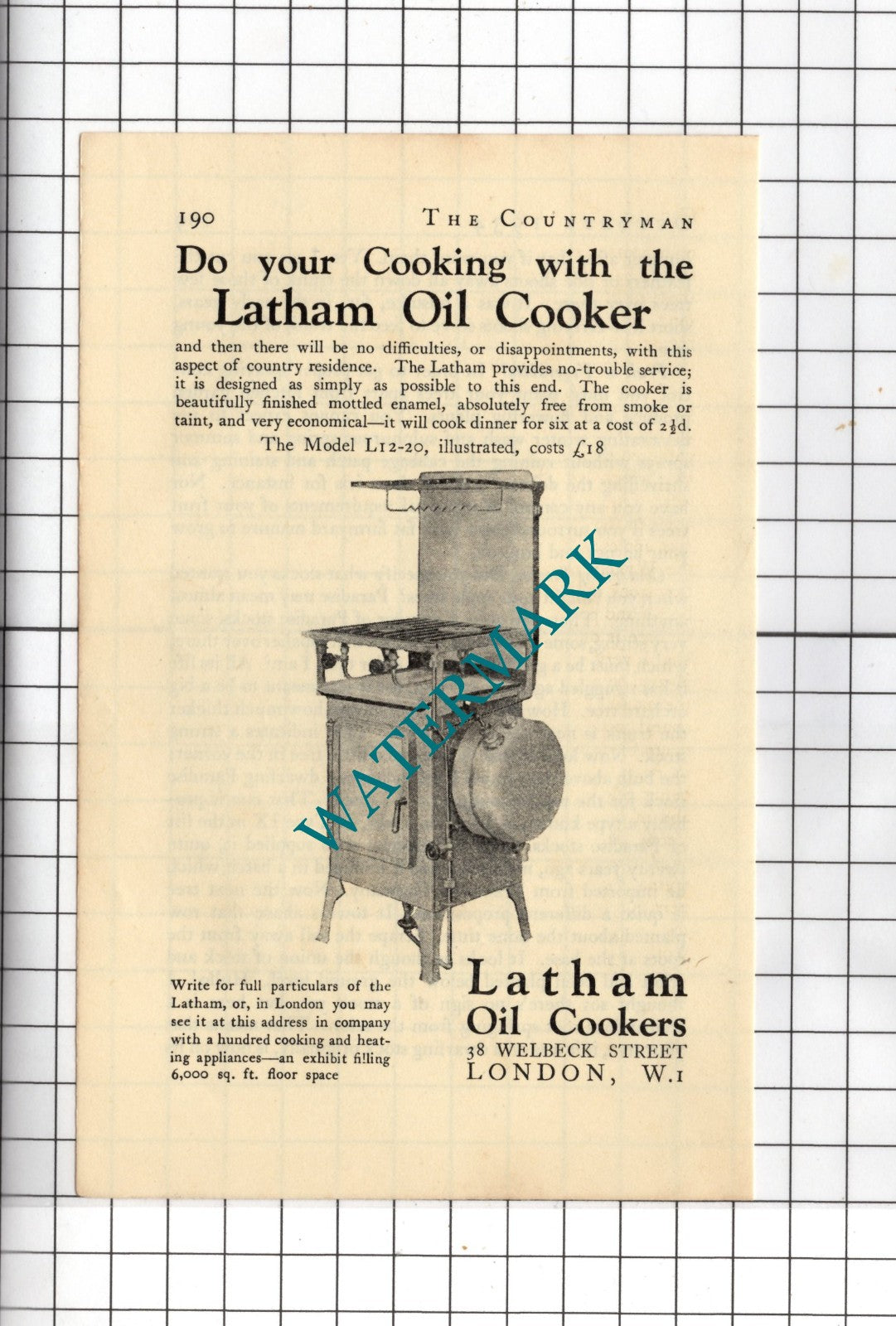Latham Oil Cookers 38 Welbeck Street London - 1934 Small Advert