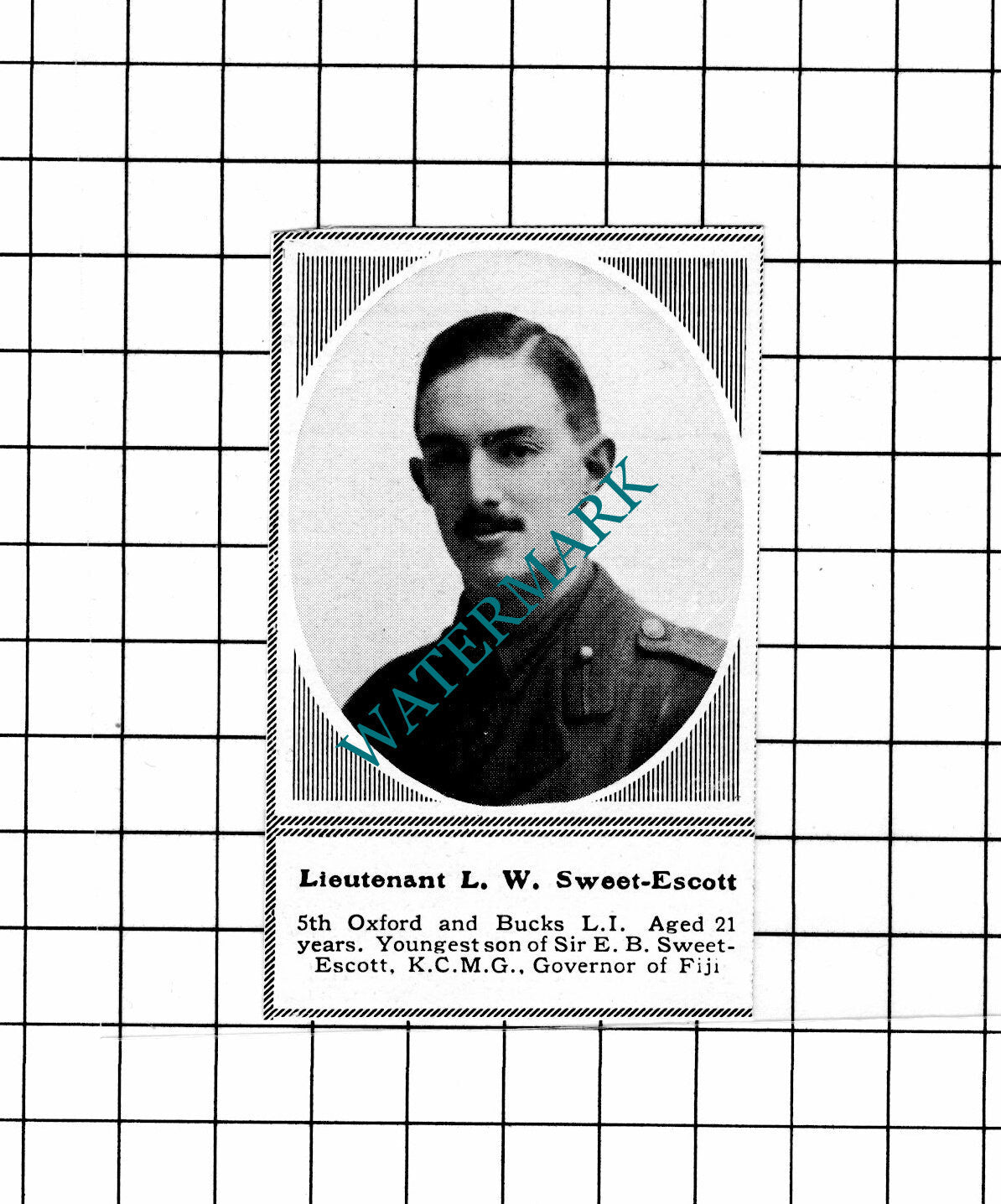 Lt L W Sweet-Escott 5th Oxford and Bucks LI WW1 - c.1918 SMALL Clipping