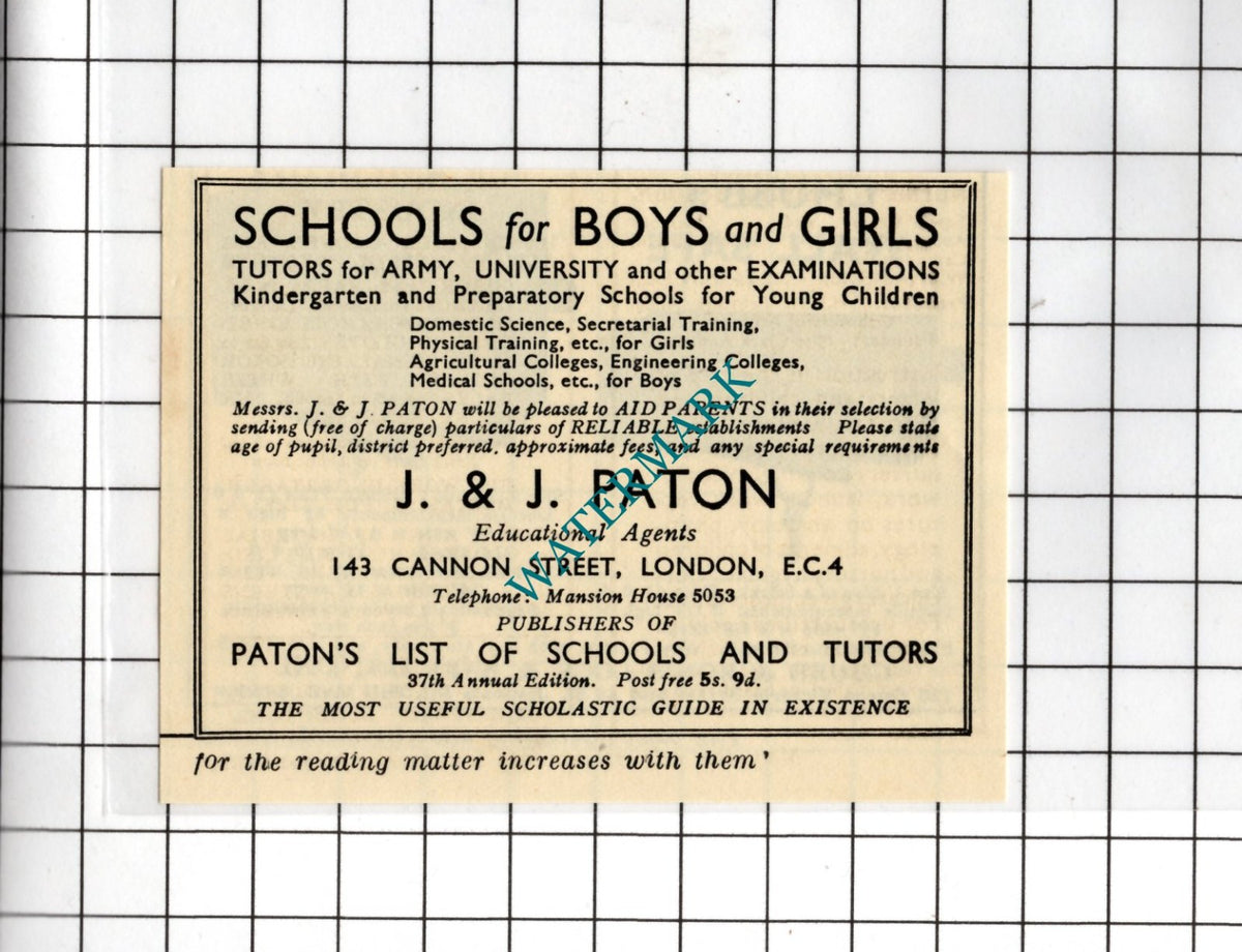 J & J Paton 143 Cannon Street London EC4 Educational Agents - 1934 SMALL Advert