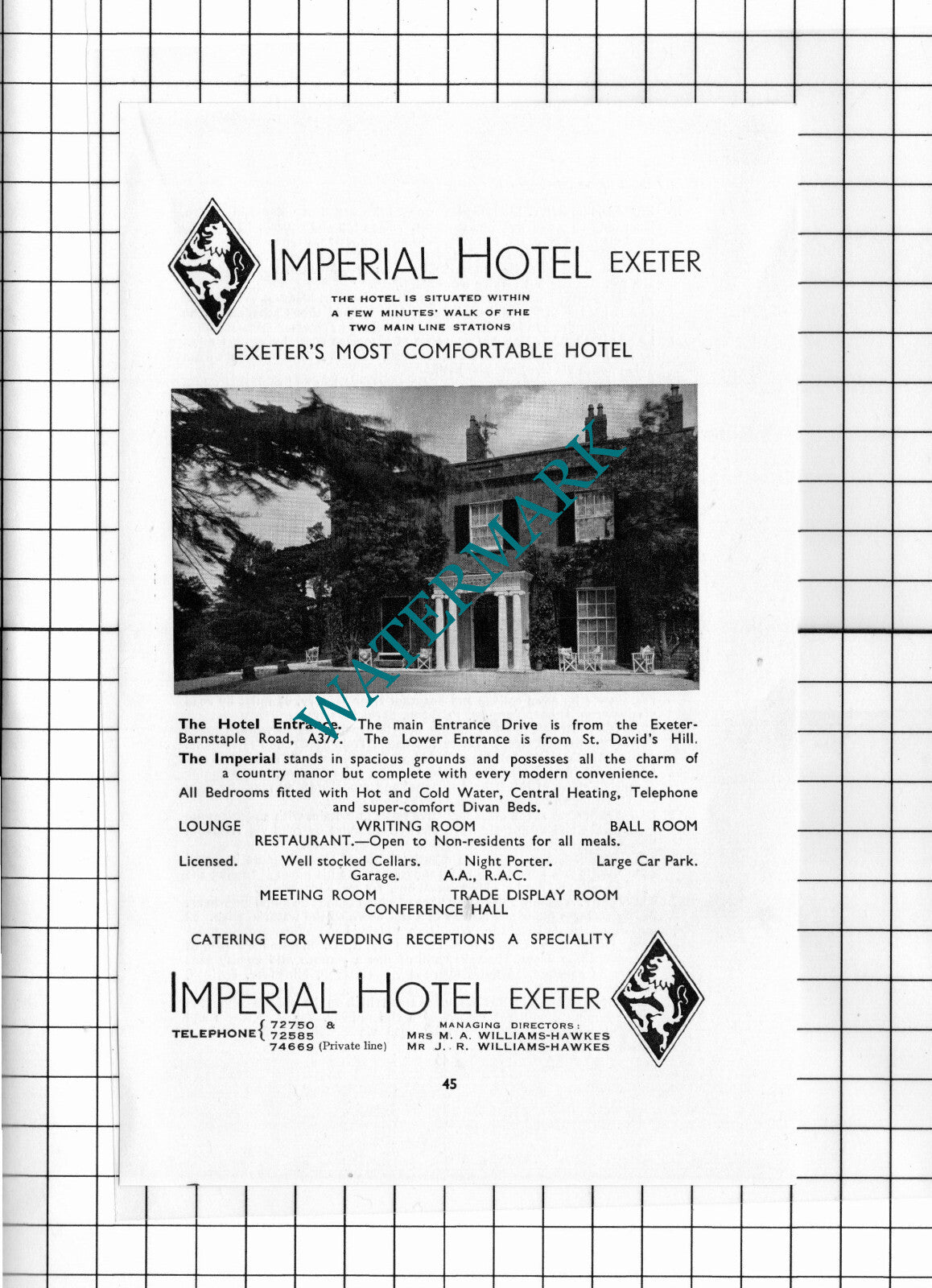 Imperial House Hotel Exeter Devon Williams-Hawkes Advert - 1957 Cutting