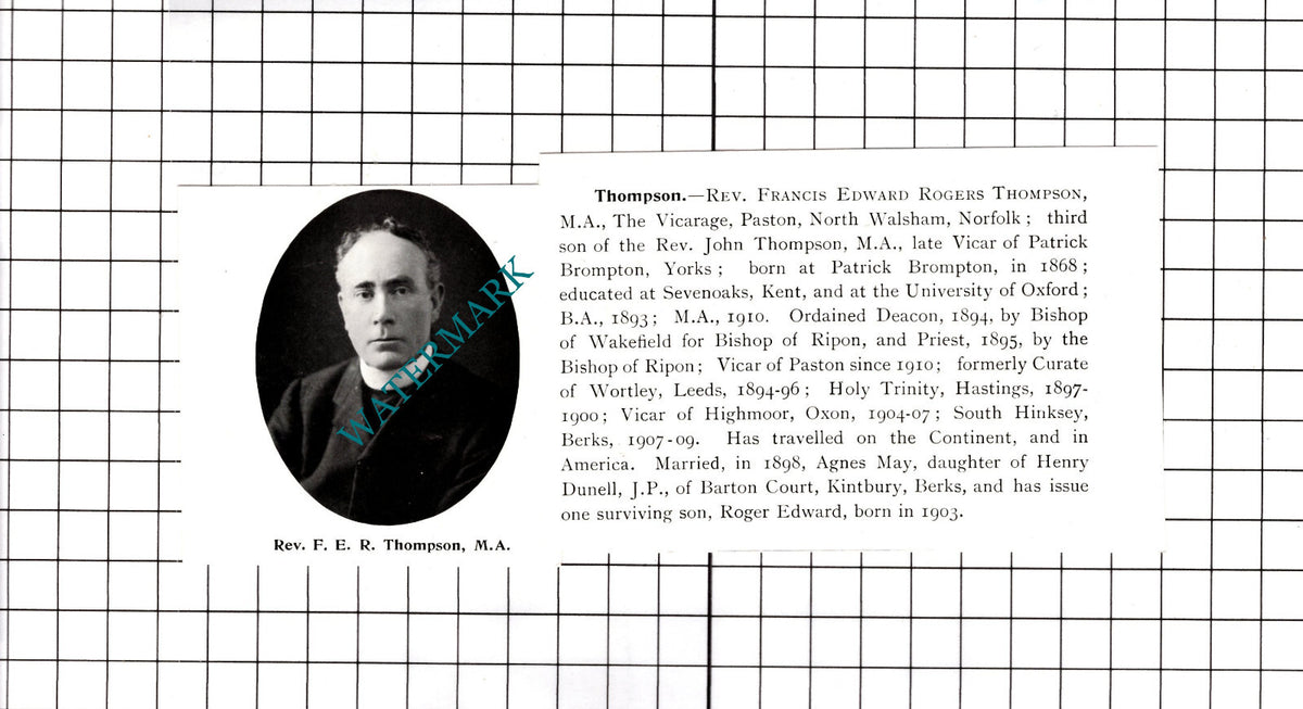 Rev Francis Edward Rogers Thompson The Vicarage Paston Norfolk - 1911 Cutting