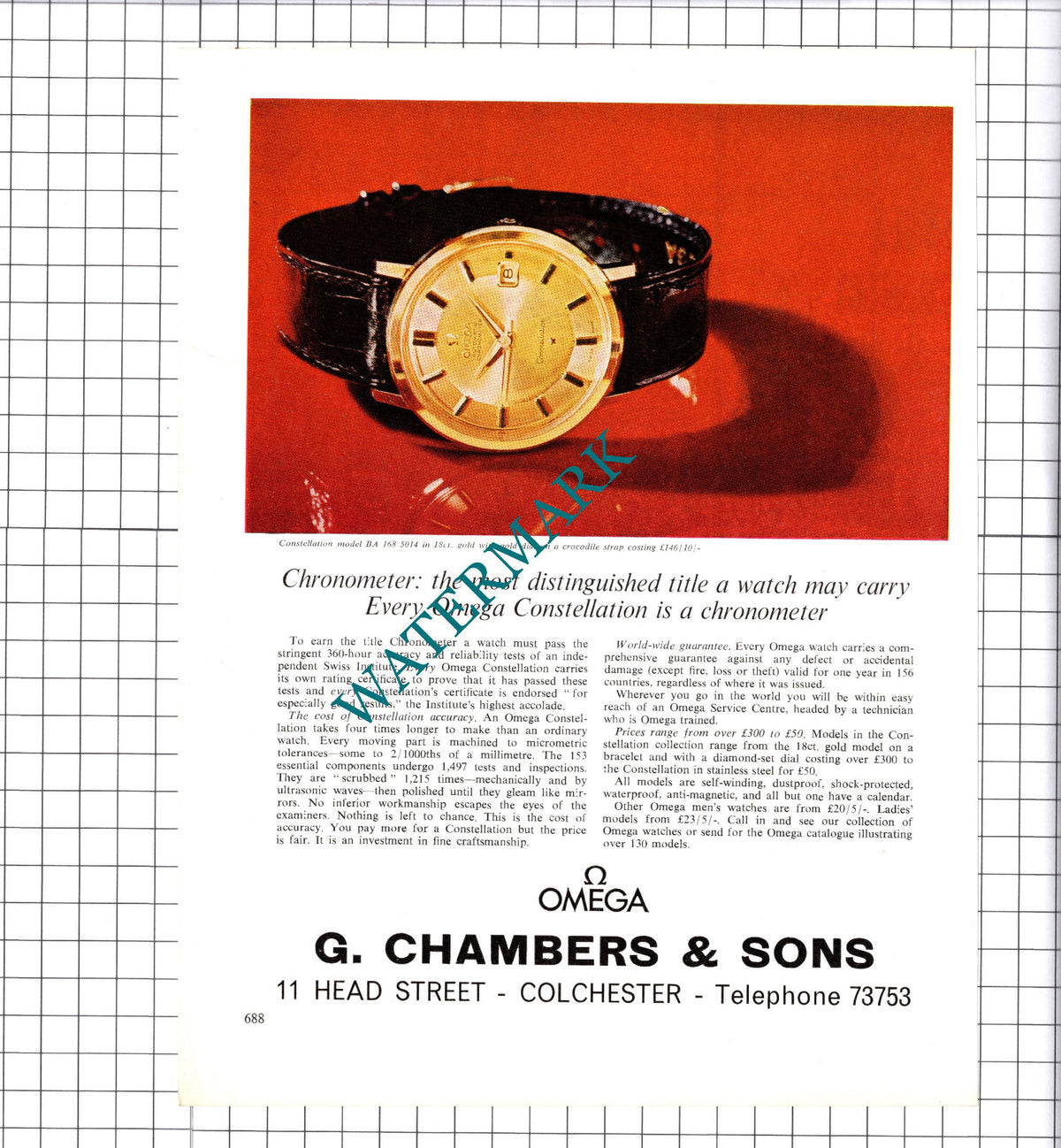 G Chambers & Sons Omega Constellation ADVERT- 1967 Clipping / Print