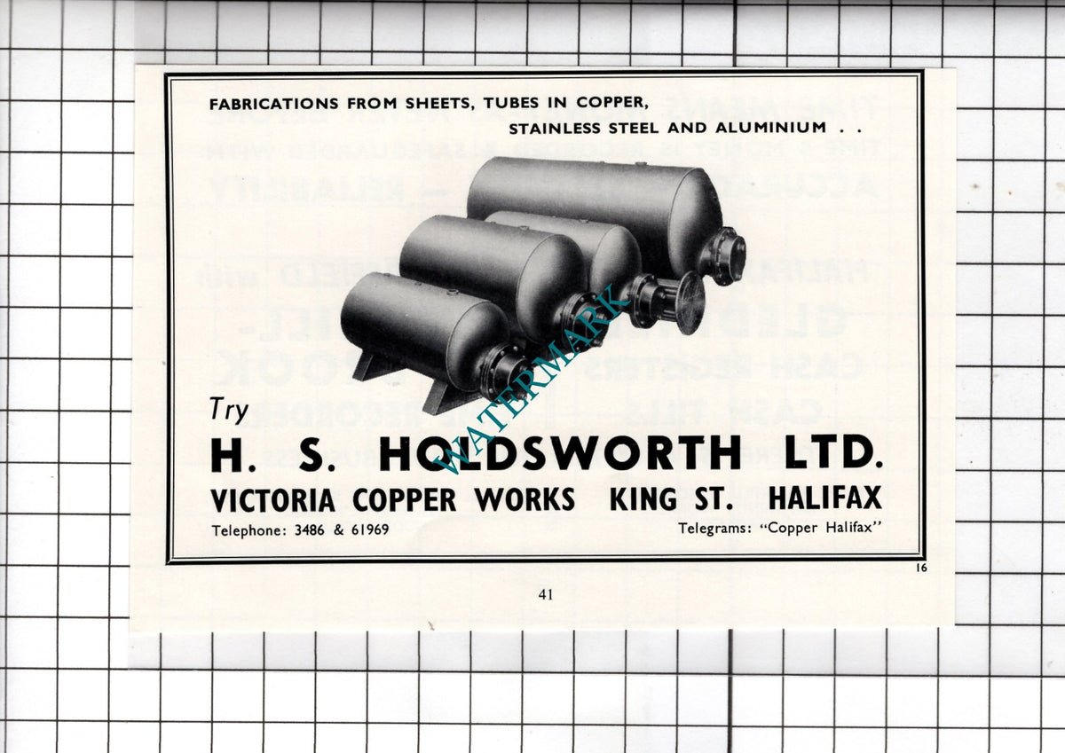 H S Holdsworth Ltd Victoria Copper Work Halifax Yorkshire - c.1962 Small Advert