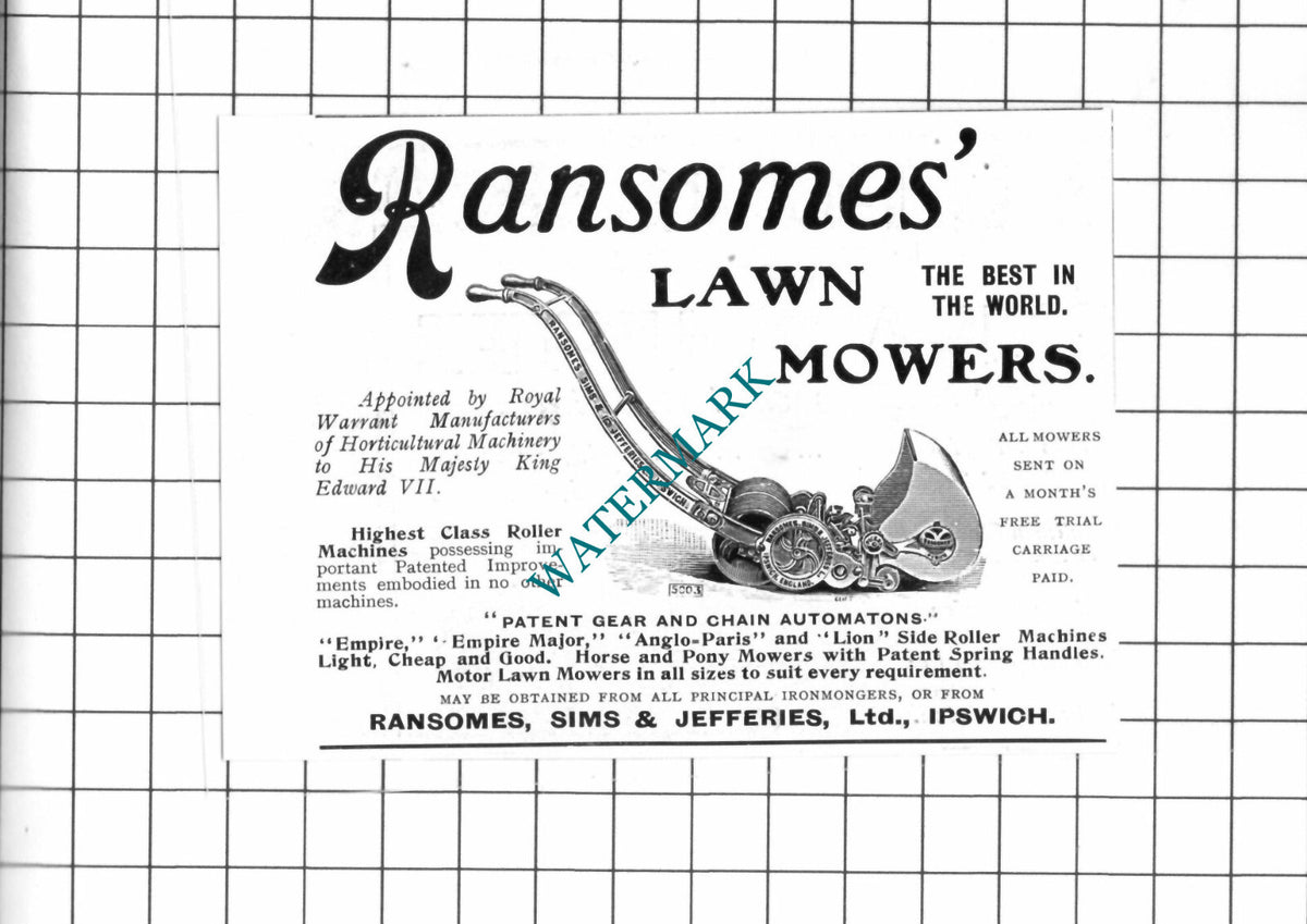 Ransomes Sims & Jefferies Ltd Ipswich Lawn Mowers Advert - 1903 SMALL Clipping