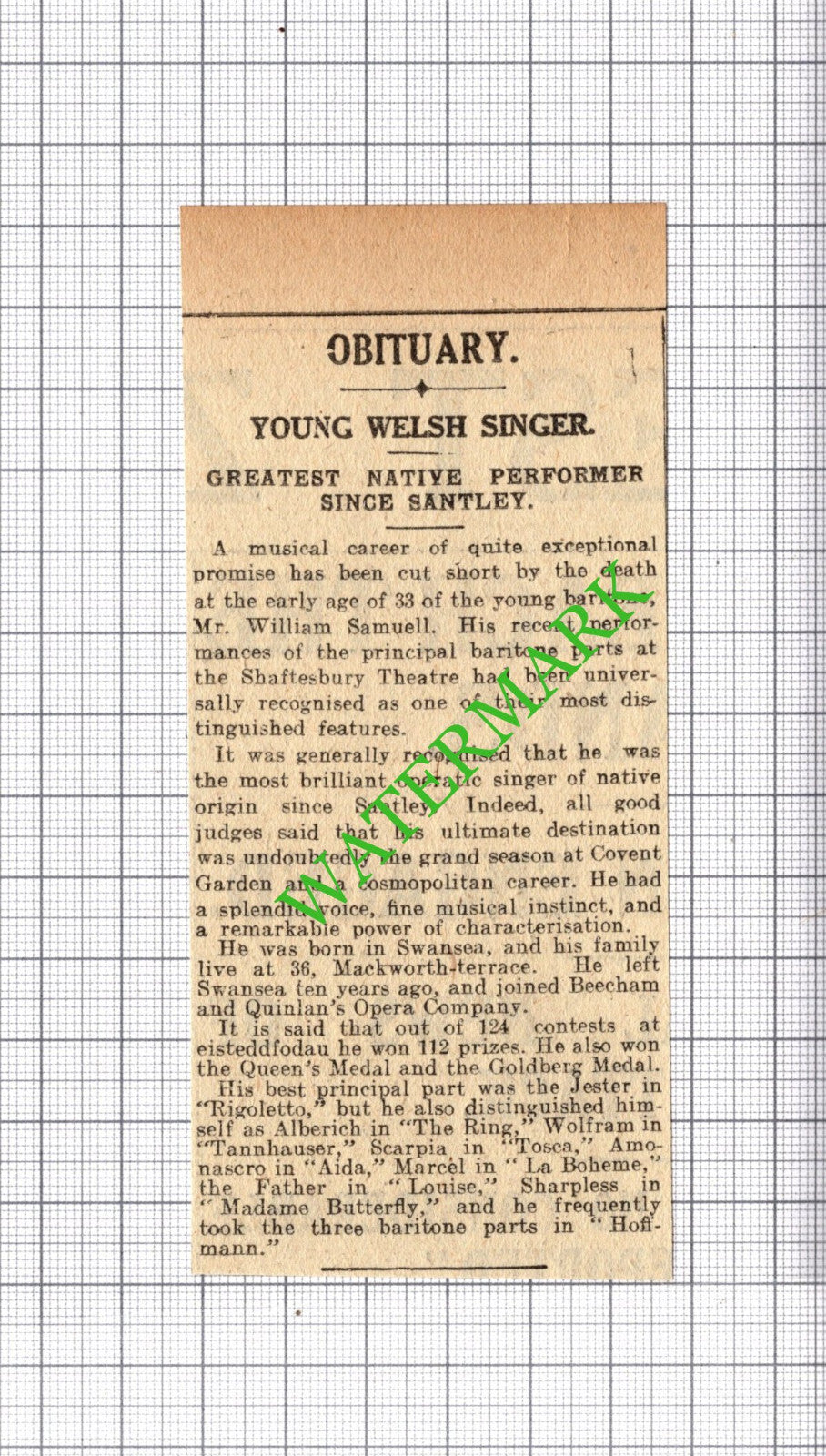 Mr William Samuell Swansea Wales Welsh Singer Obituary - 1916 SMALL Cutting