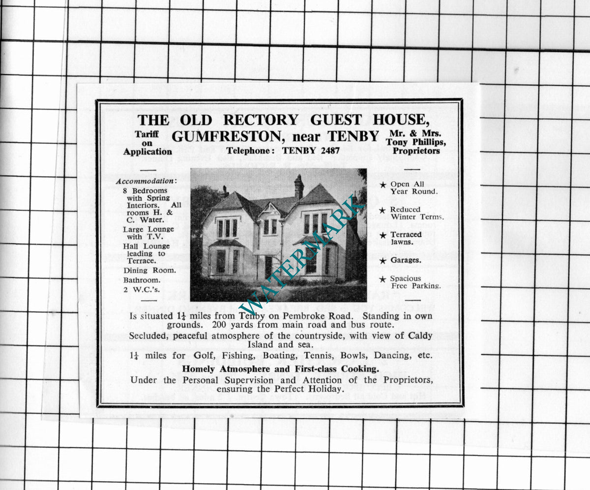 The Old Rectory Guest House Gumfreston Wales Tony Phillips Advert - 1962 Cutting