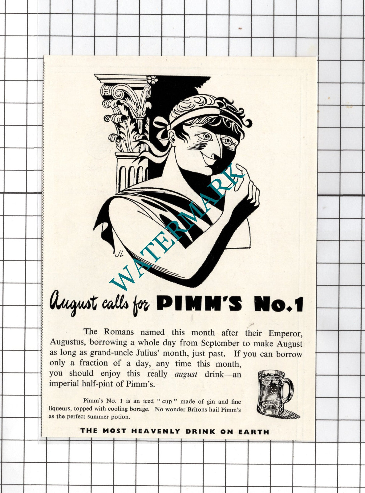 Pimm's No 1 Advert Roman Emperor Augustus - 1950 Small Cutting