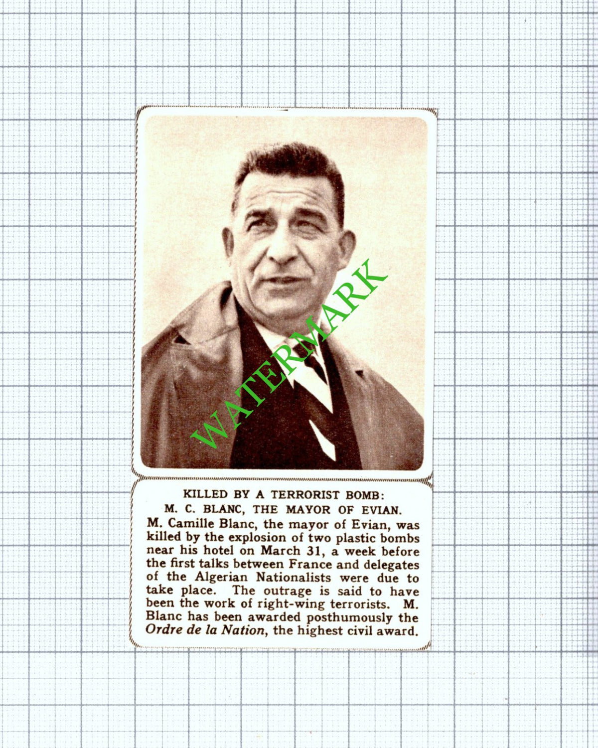 M Camille Blanc Mayor Of Evian Killed- 1961 Small Cutting